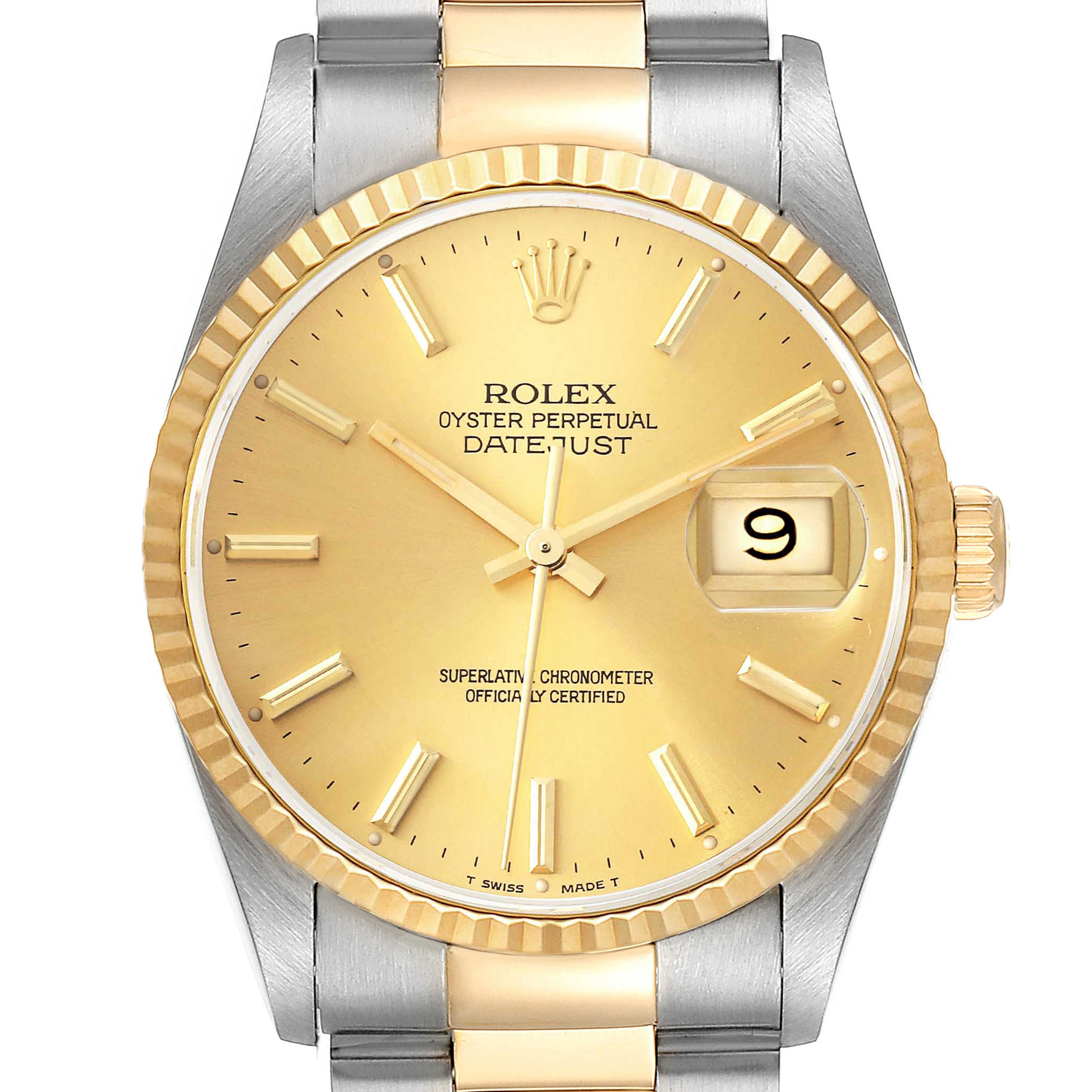This image shows a front view of a Rolex Datejust 16233 Men's Steel and Gold (two tone) Champagne Dial 16233 Men's Steel and Gold (two tone) Champagne Dial watch, highlighting the gold dial and date feature.