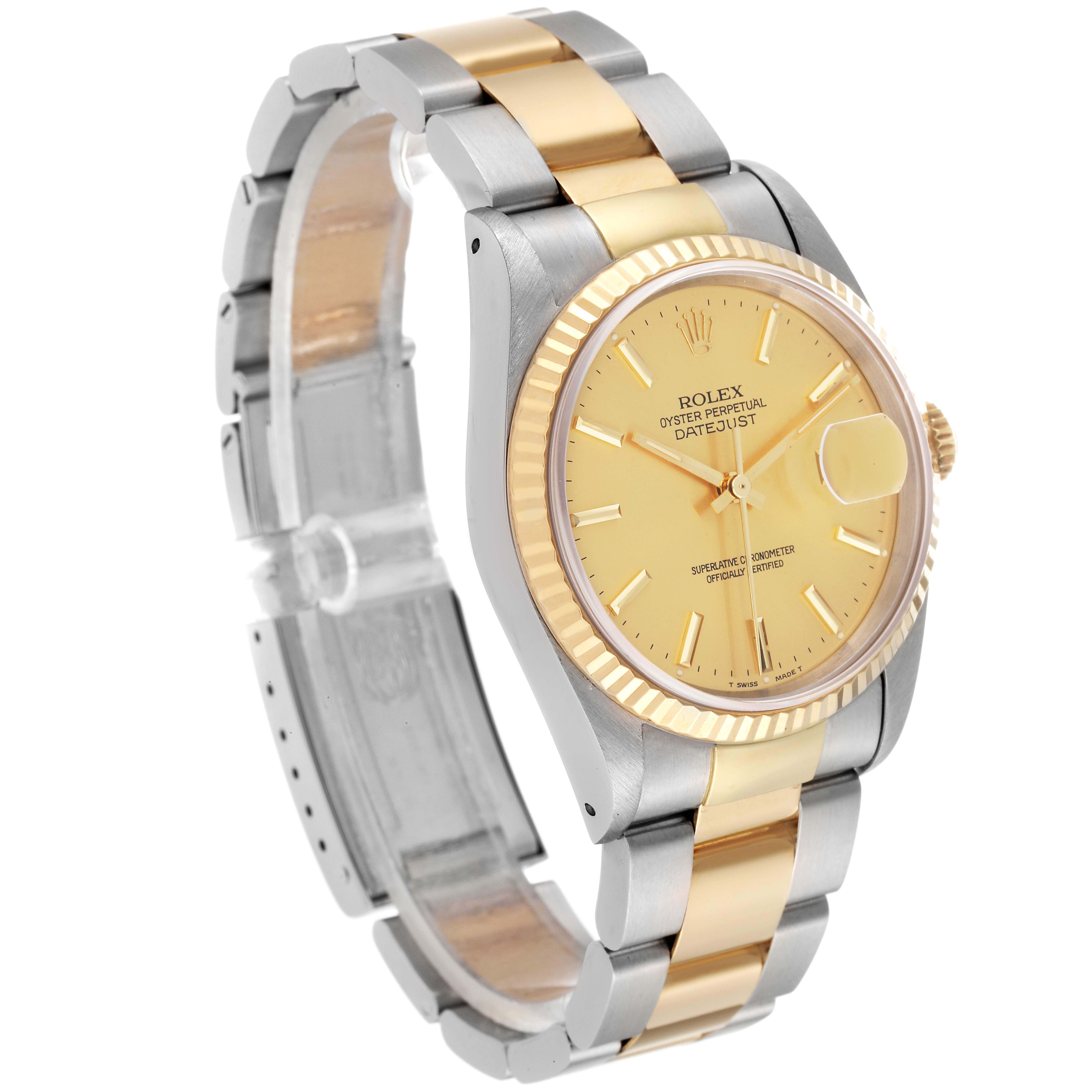 This image shows a side angle of a Rolex Datejust 16233 Men's Steel and Gold (two tone) Champagne Dial 16233 Men's Steel and Gold (two tone) Champagne Dial watch, highlighting the gold bezel, dial, and two-tone bracelet.