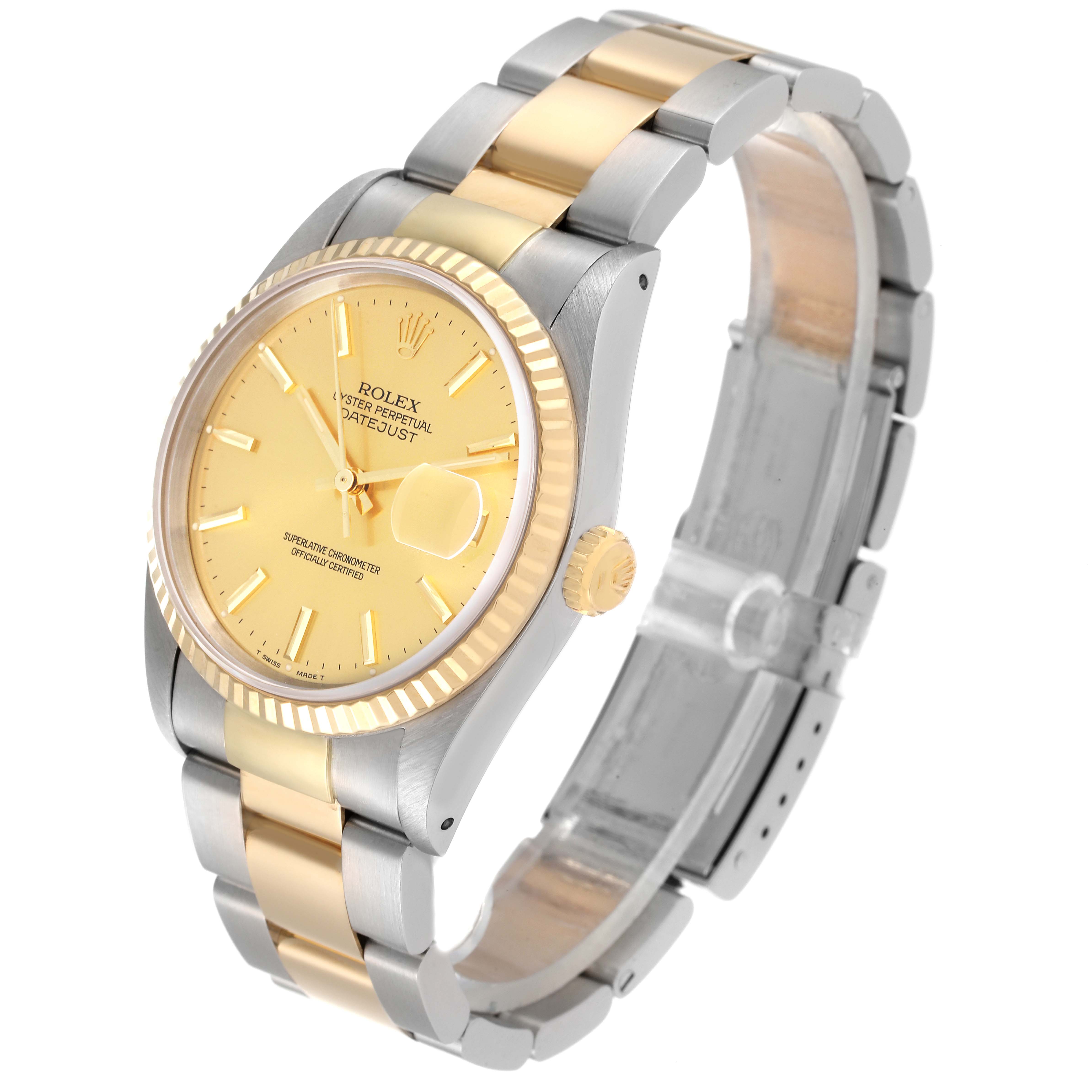 The image showcases a Rolex Datejust 16233 Men's Steel and Gold (two tone) Champagne Dial 16233 Men's Steel and Gold (two tone) Champagne Dial watch from an angled view, displaying the watch face, fluted bezel, crown, and two-tone bracelet.