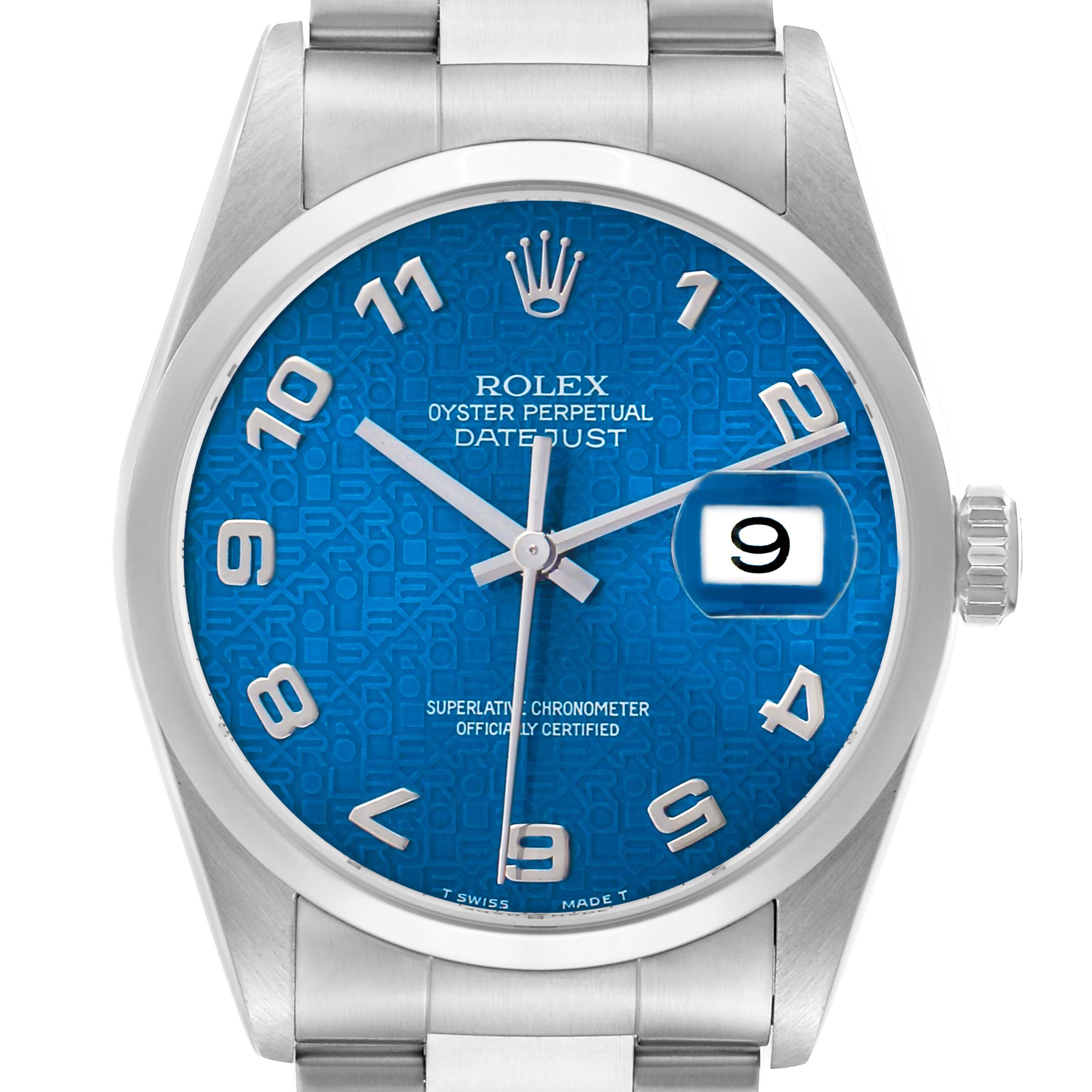 This image shows a frontal view of the Rolex Datejust 16200 Men's Stainless Steel Blue Dial model, featuring a blue dial and a date display.
