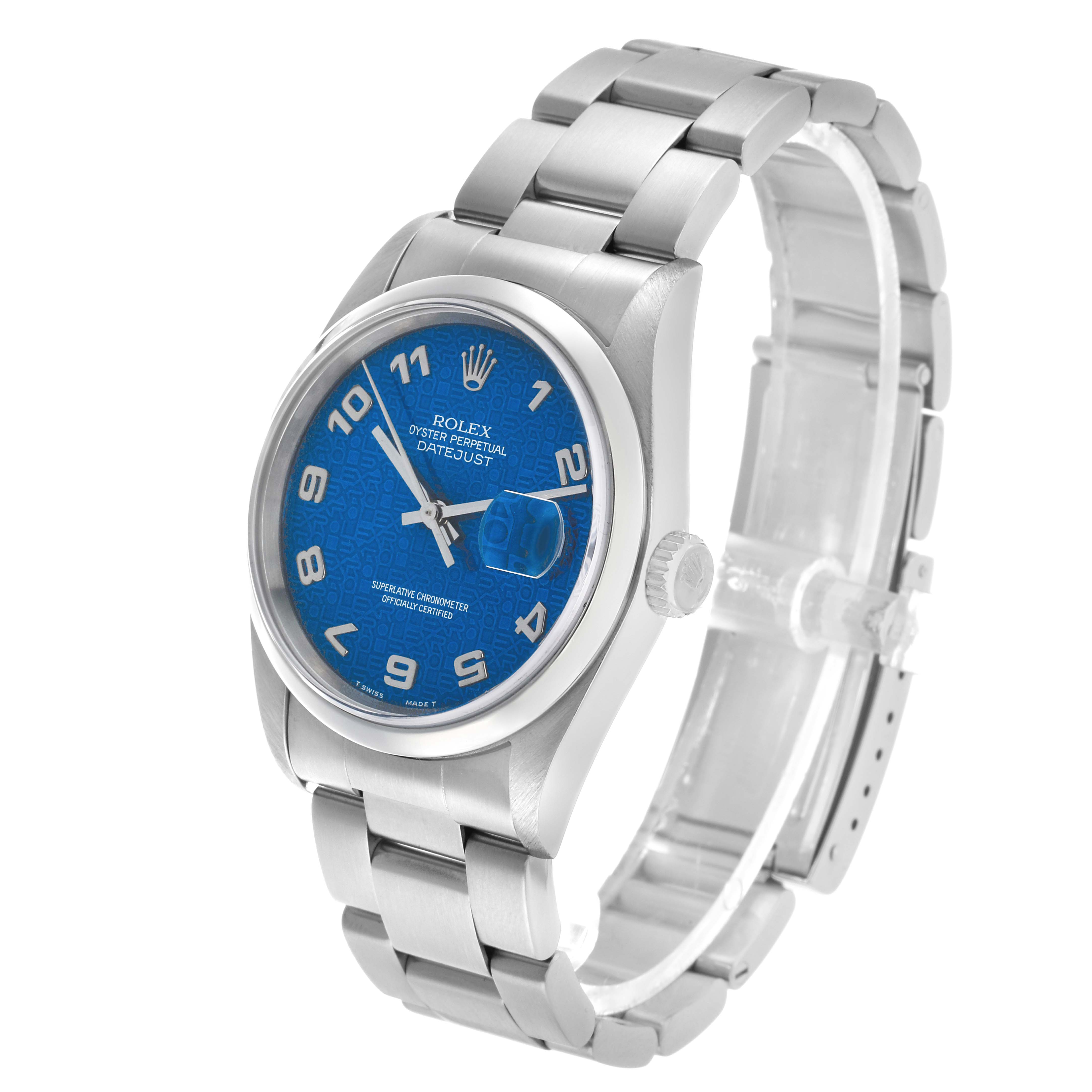 The Rolex Datejust 16200 Men's Stainless Steel Blue Dial watch is shown at a three-quarter angle, highlighting the blue dial, stainless steel case, and bracelet.