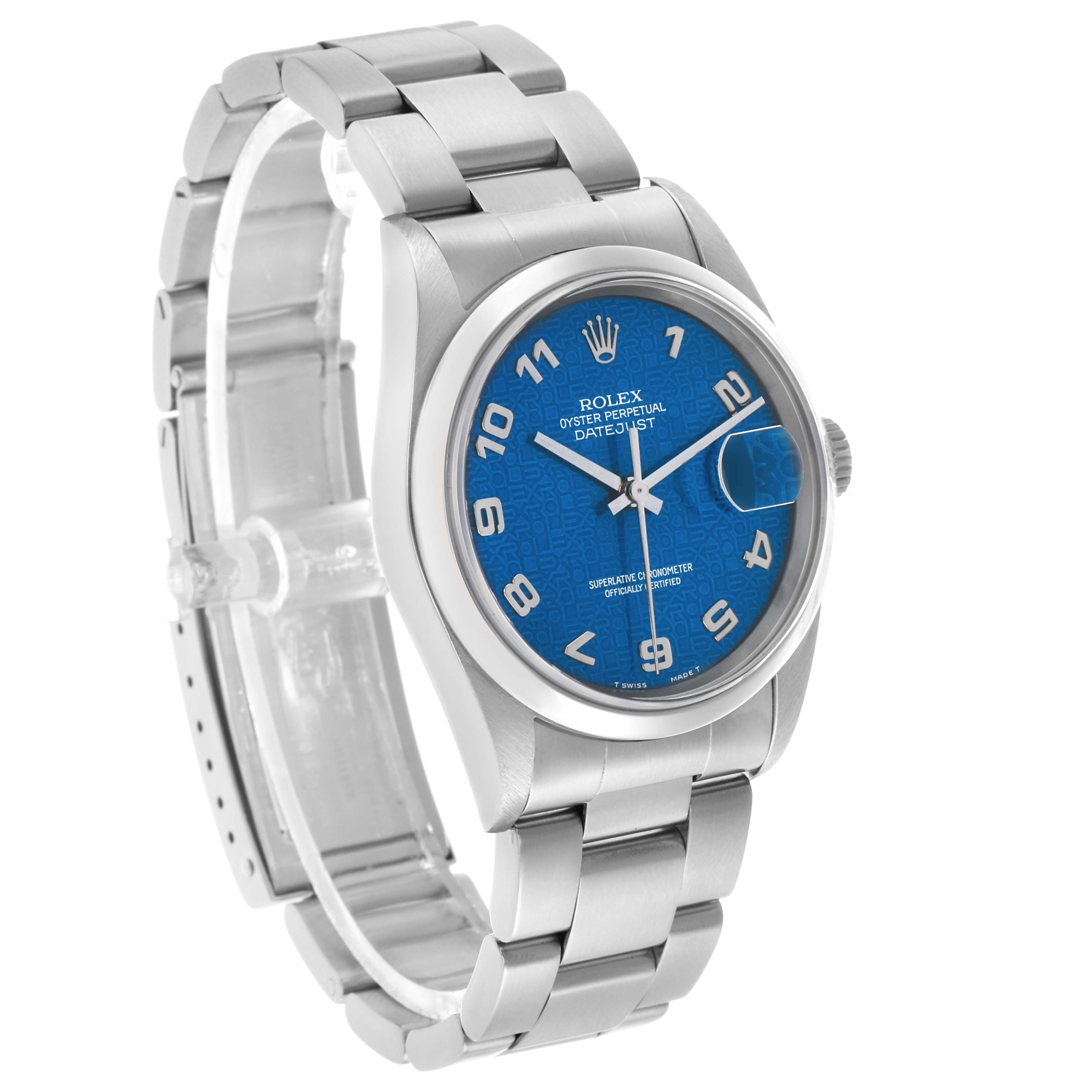 The Rolex Datejust 16200 Men's Stainless Steel Blue Dial watch is shown from a three-quarter angle, displaying the blue dial, case, and bracelet.