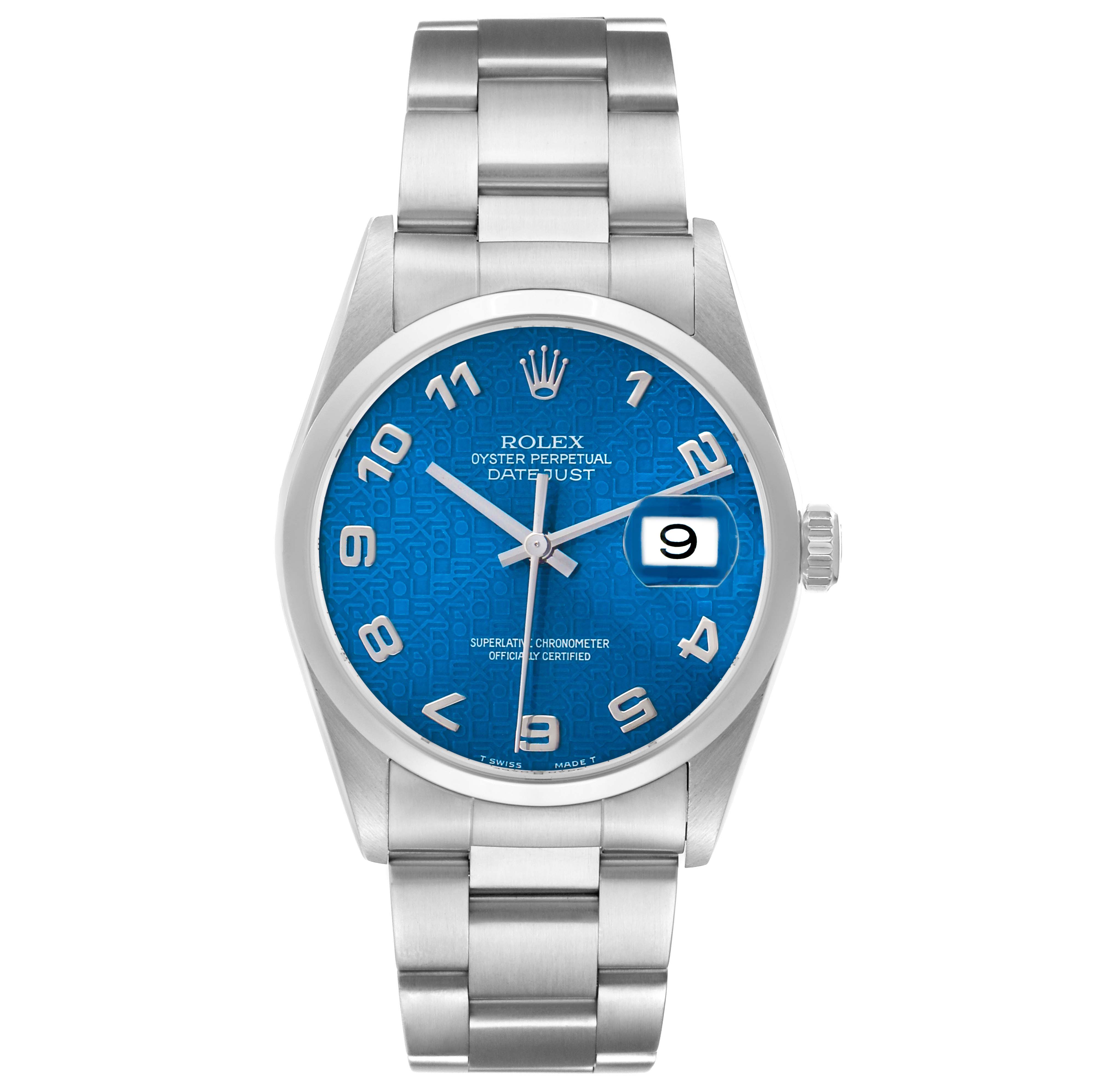 The Rolex Datejust 16200 Men's Stainless Steel Blue Dial watch is shown from a front angle, featuring the dial, bezel, bracelet, and date window.