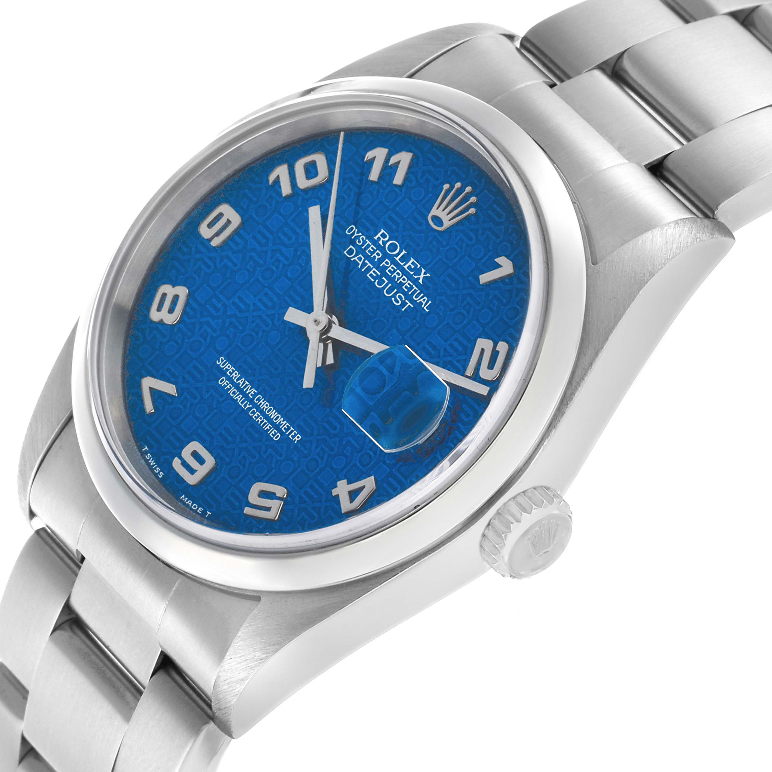 The Rolex Datejust 16200 Men's Stainless Steel Blue Dial watch is shown at a slight side angle, highlighting the blue dial, crown, case, and part of the bracelet.