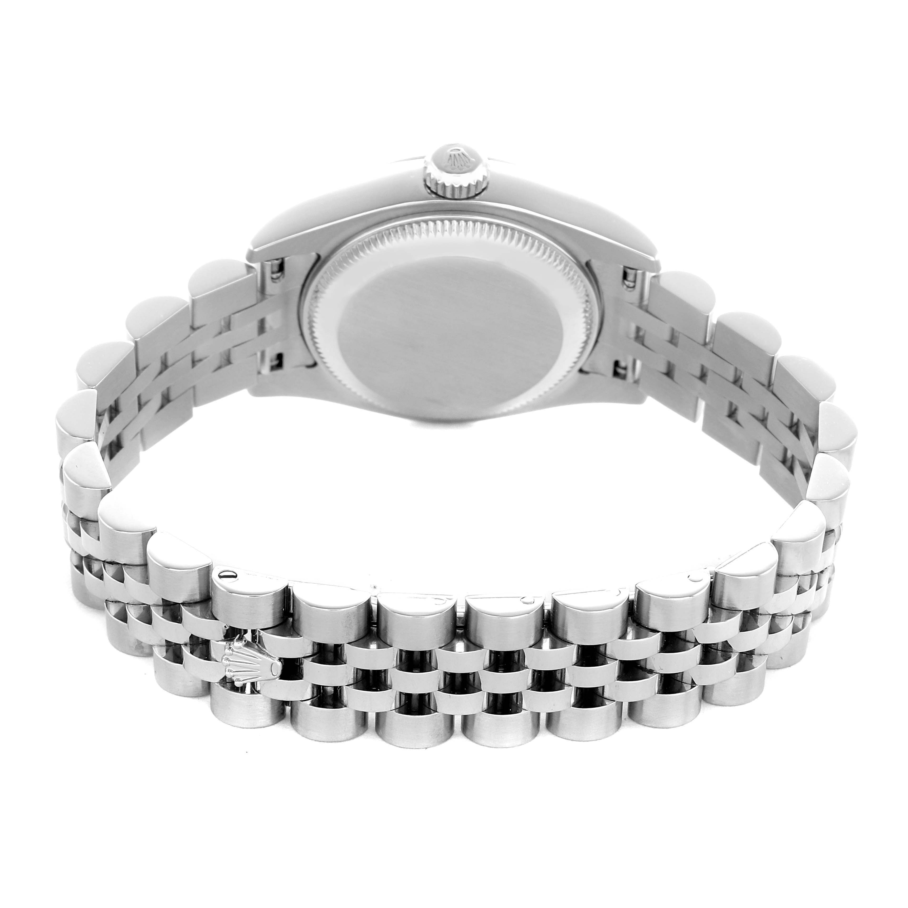 The image shows the back of a Rolex Datejust 179174 Women's Stainless Steel Black Dial, highlighting the bracelet and case back.