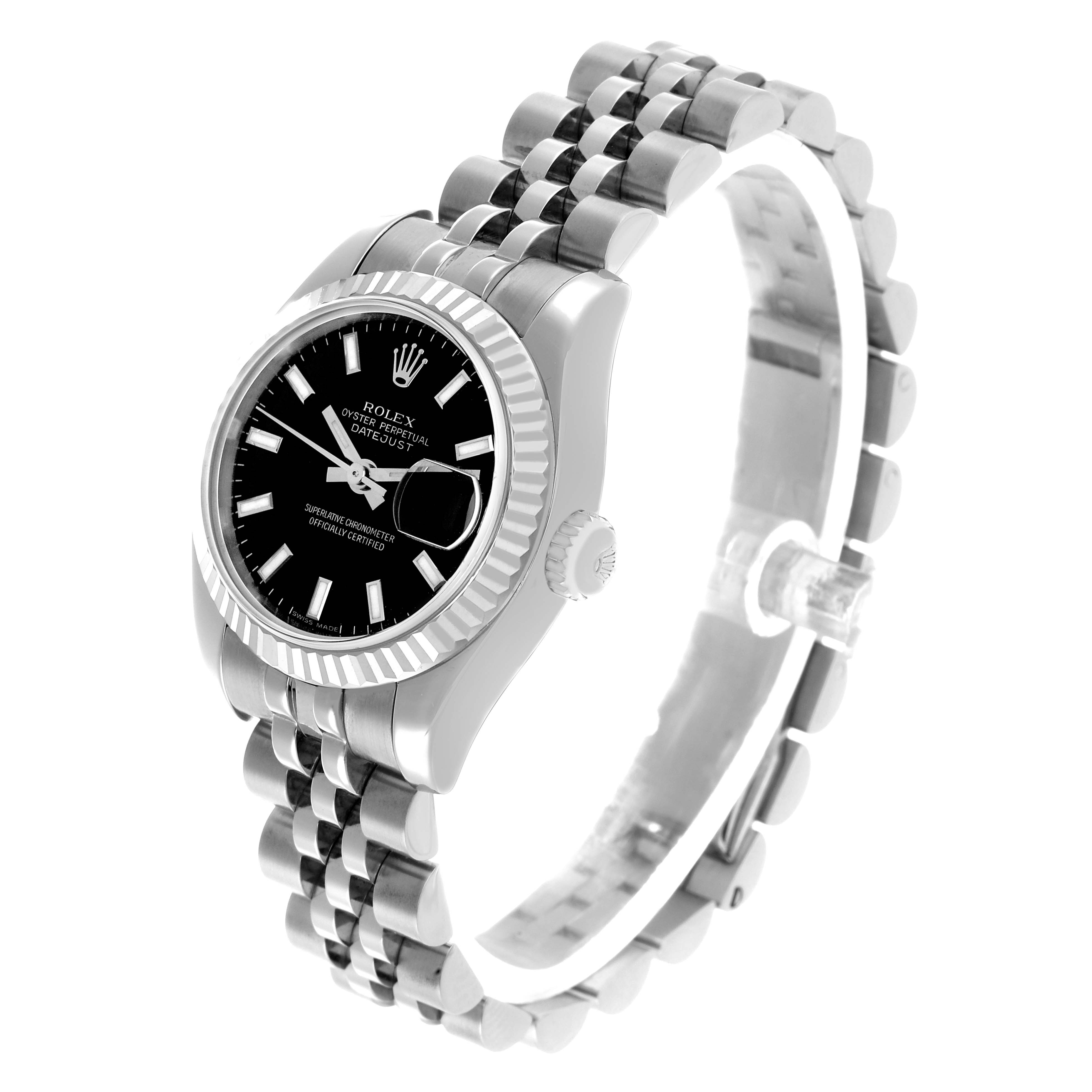 The Rolex Datejust 179174 Women's Stainless Steel Black Dial watch is shown at an angled side view, showcasing the face, bezel, and bracelet.