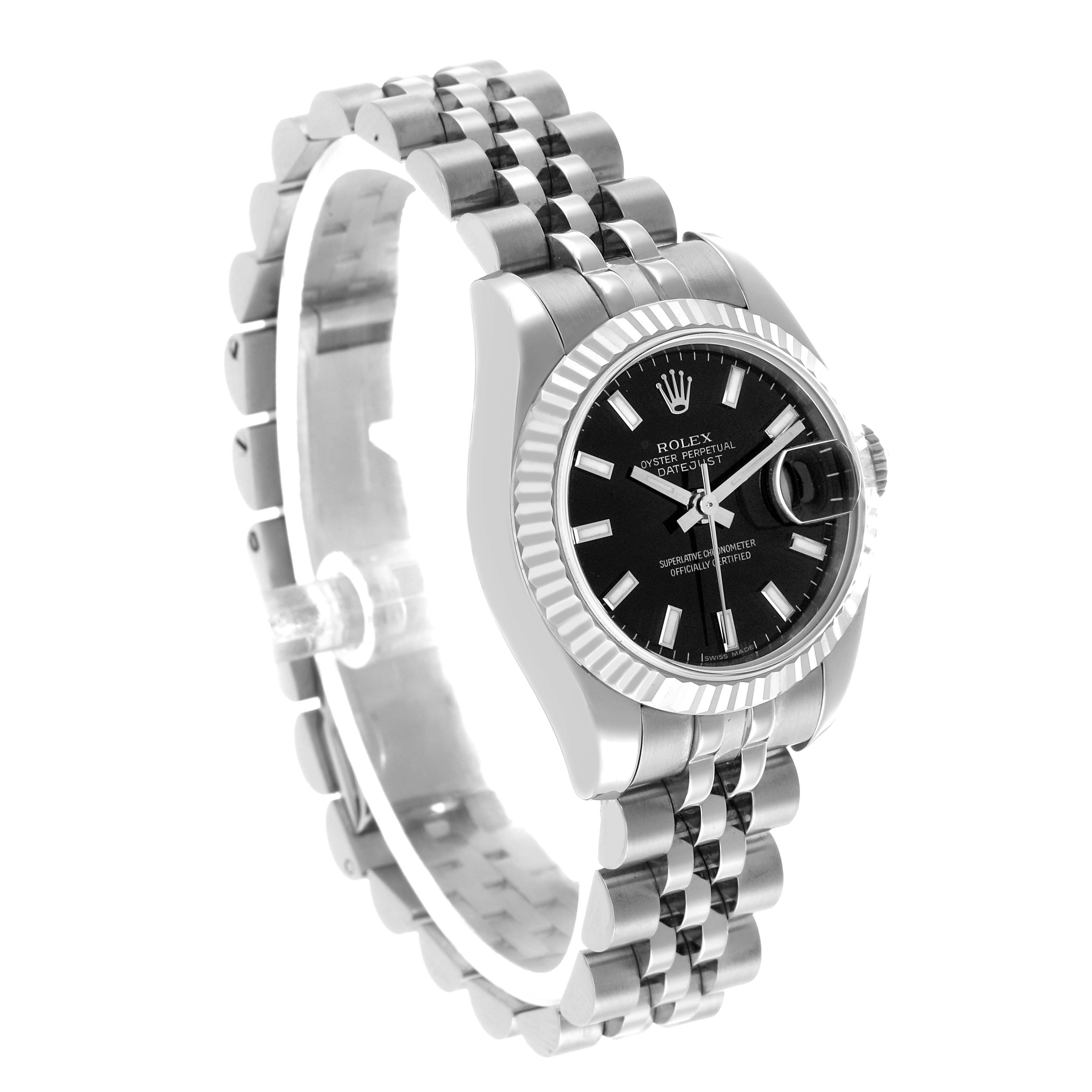 The image shows a Rolex Datejust 179174 Women's Stainless Steel Black Dial watch from a side angle, highlighting the bracelet, dial, and bezel.