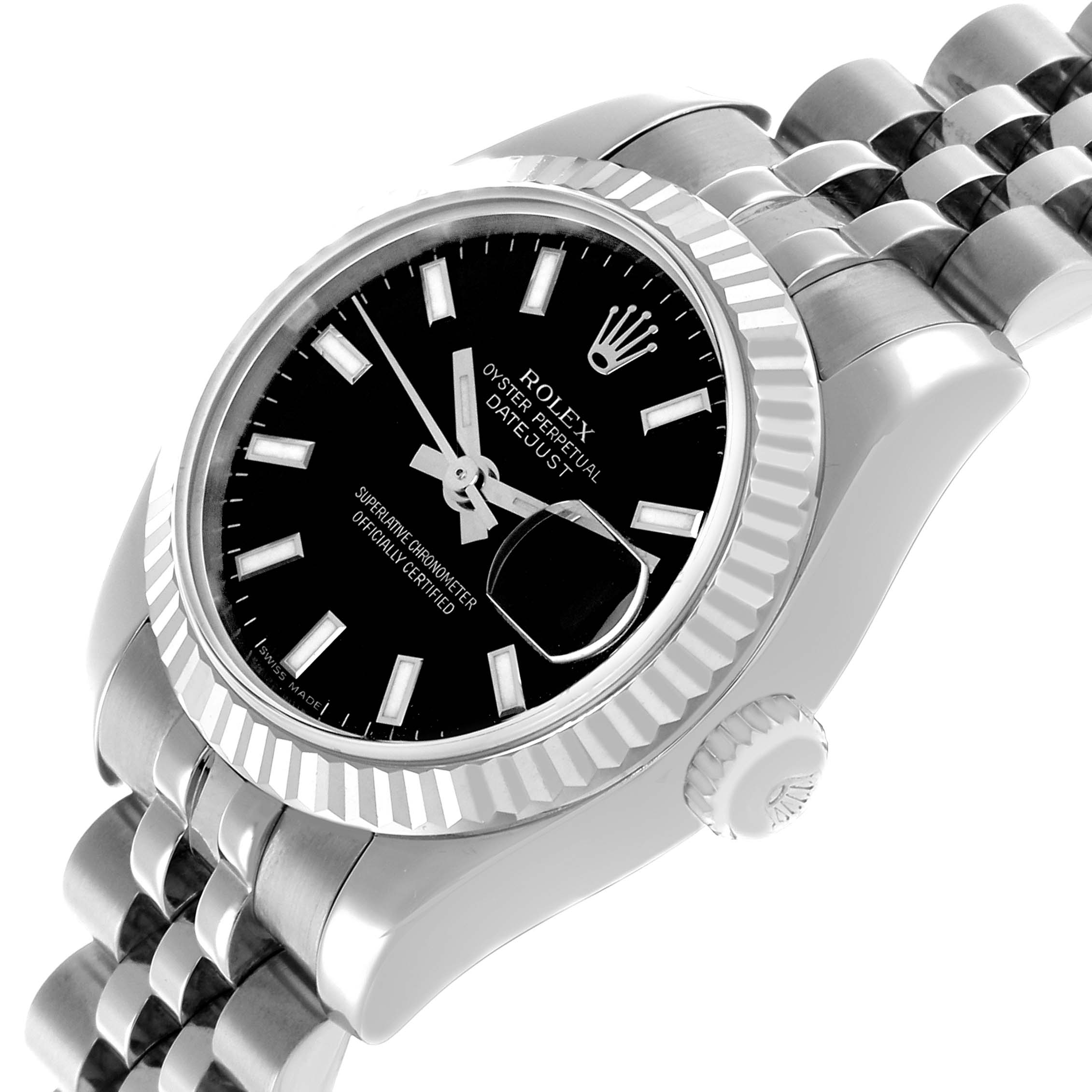 The Rolex Datejust 179174 Women's Stainless Steel Black Dial watch is shown at a three-quarter angle, highlighting the dial, fluted bezel, crown, and part of the bracelet.