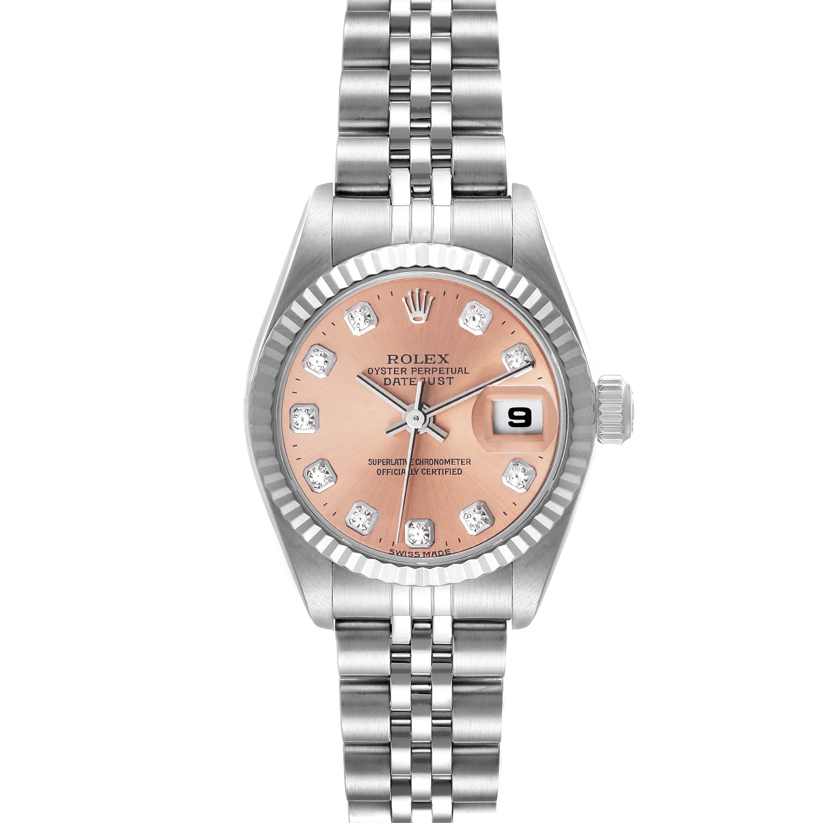 This is a head-on view of a Rolex Datejust 79174 Women's Stainless Steel Pink Dial 79174 Women's Stainless Steel Pink Dial watch showing the dial, bezel, crown, and bracelet.