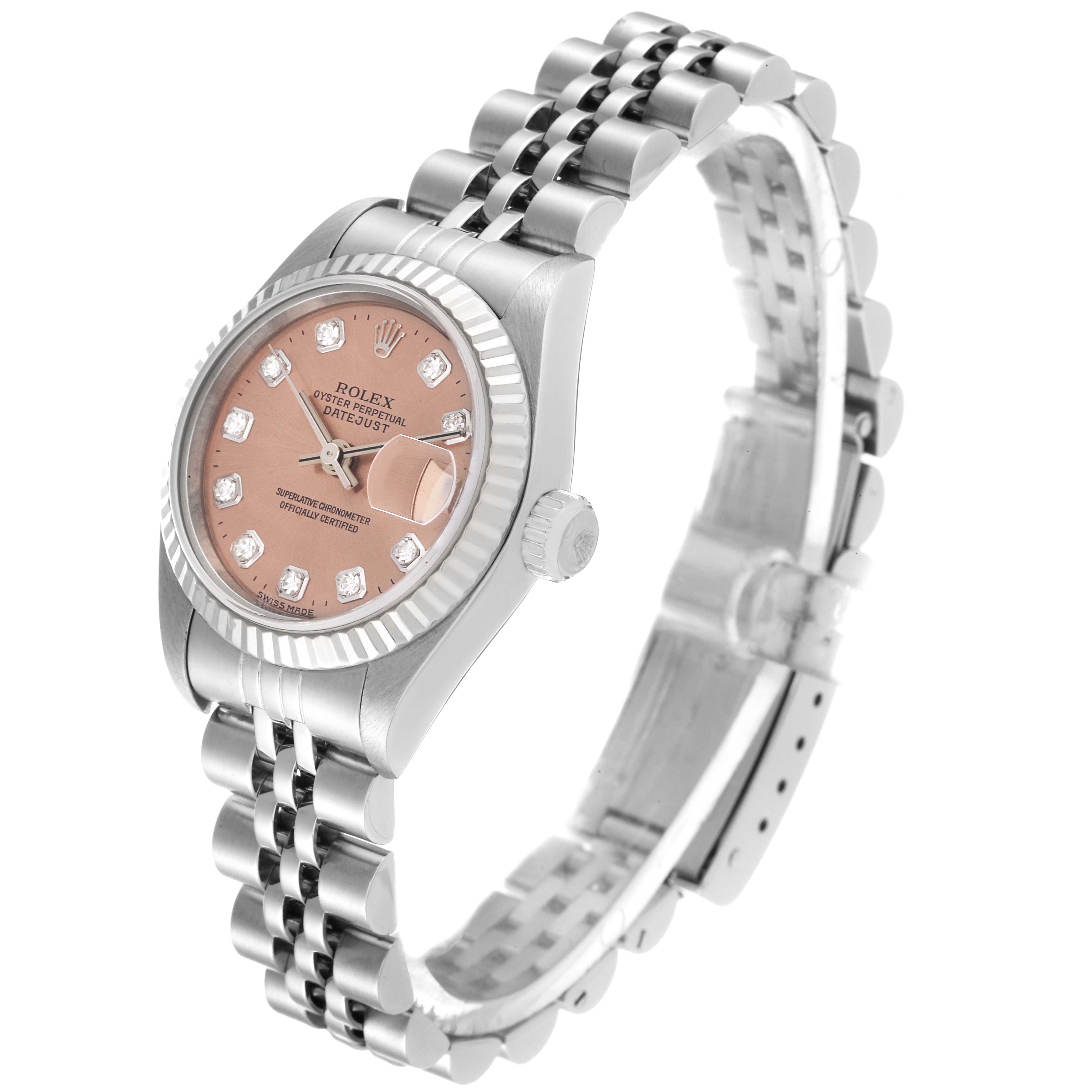 The Rolex Datejust 79174 Women's Stainless Steel Pink Dial 79174 Women's Stainless Steel Pink Dial watch is shown at an angled view highlighting its dial, bezel, case, and bracelet.