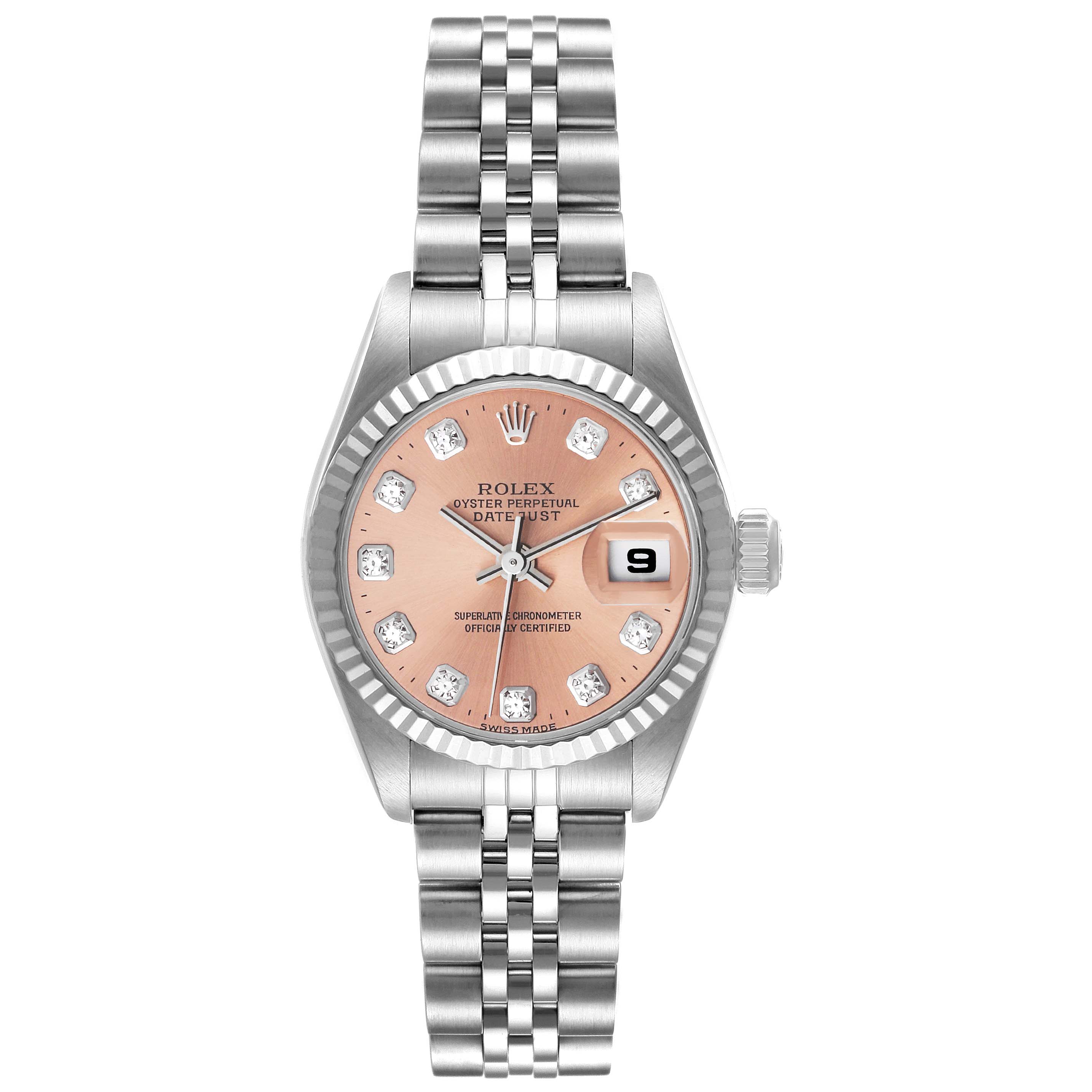 The image shows a frontal view of a Rolex Datejust 79174 Women's Stainless Steel Pink Dial 79174 Women's Stainless Steel Pink Dial watch featuring the dial, bezel, and bracelet.