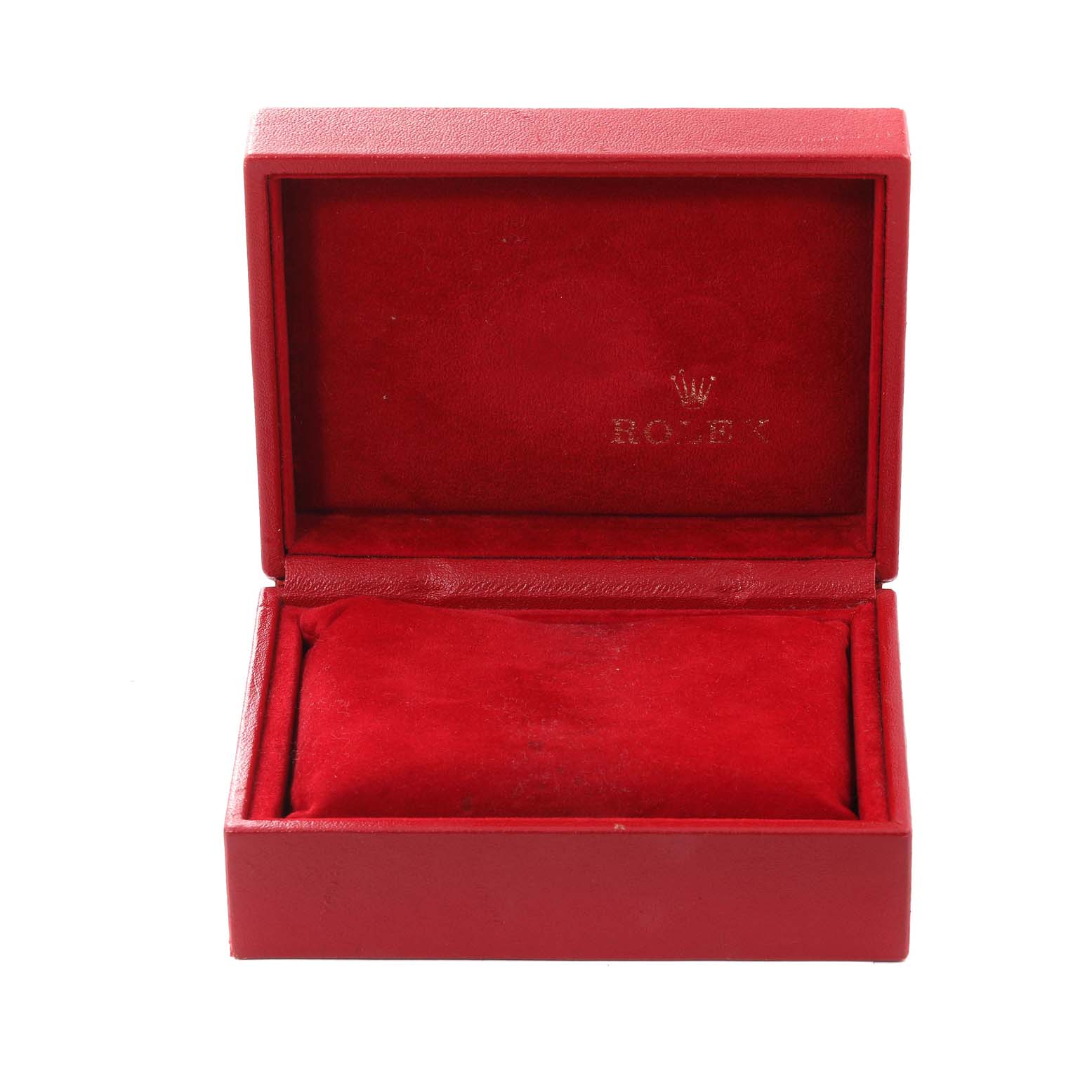 This is an open red Rolex watch box for the Datejust model, showing its interior velvet cushion and branded lining.