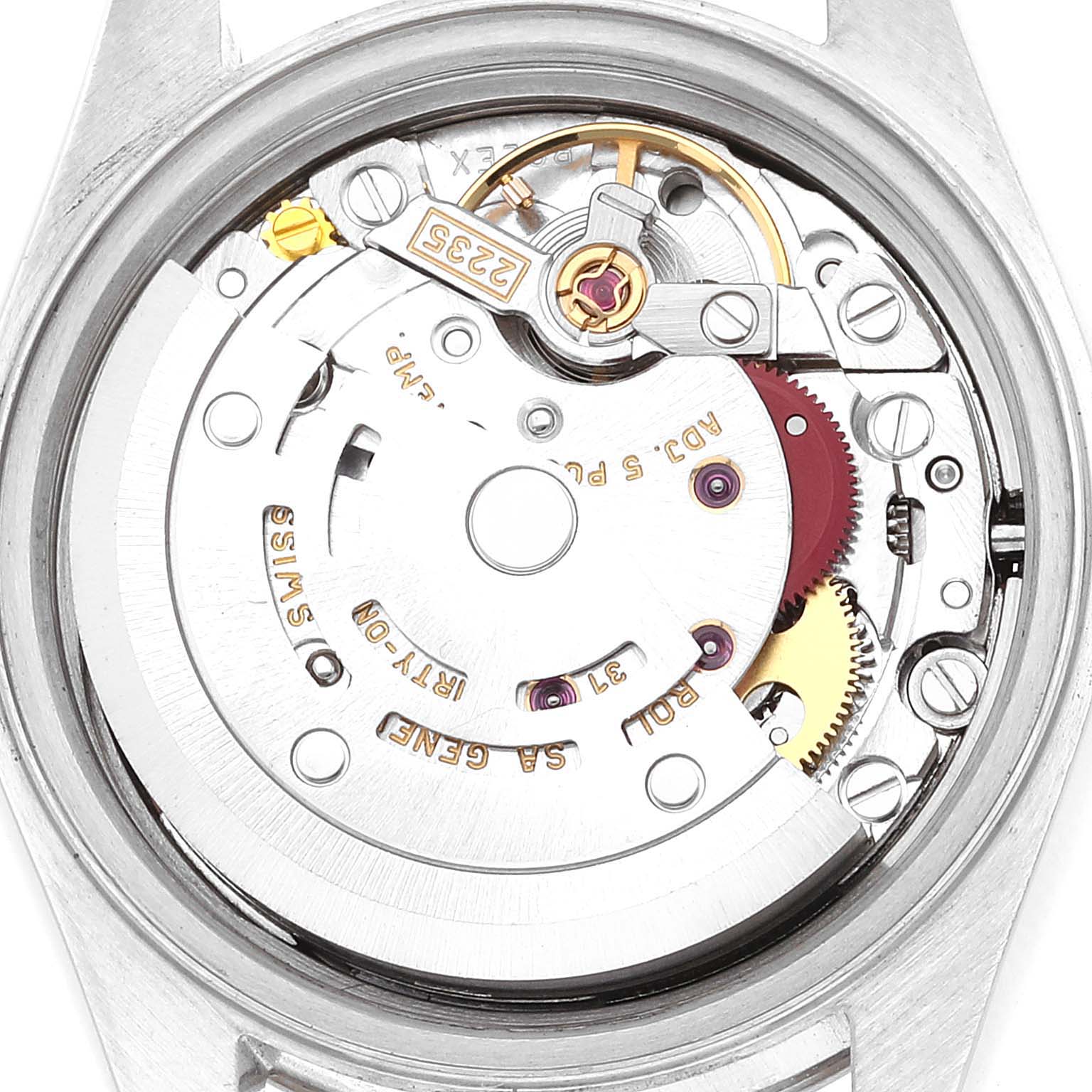 This image shows a close-up view of the movement and internal components of a Rolex Datejust 79174 Women's Stainless Steel Pink Dial 79174 Women's Stainless Steel Pink Dial watch.