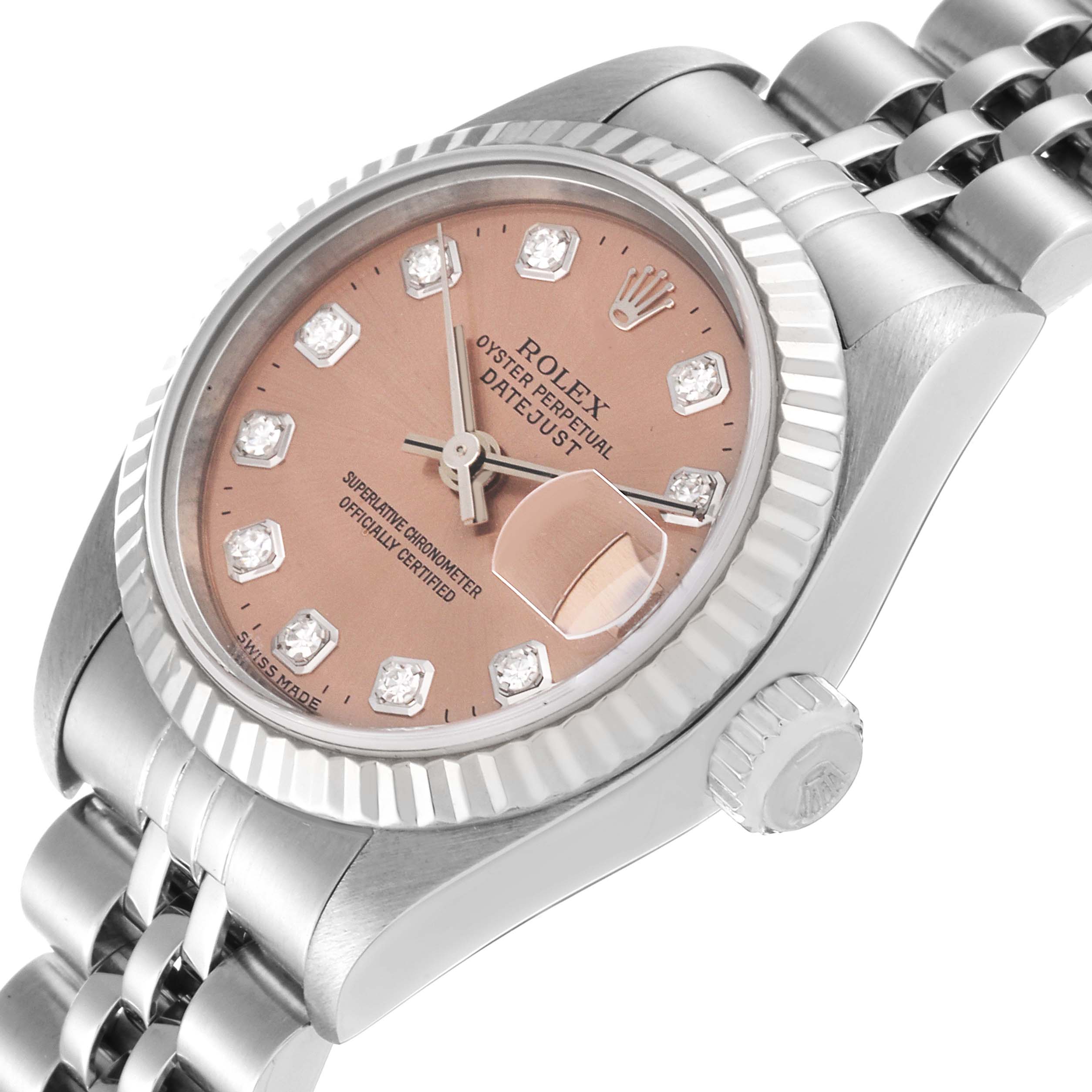 The image shows a close-up side angle of the Rolex Datejust 79174 Women's Stainless Steel Pink Dial 79174 Women's Stainless Steel Pink Dial watch, highlighting its dial, bezel, crown, and part of the bracelet.