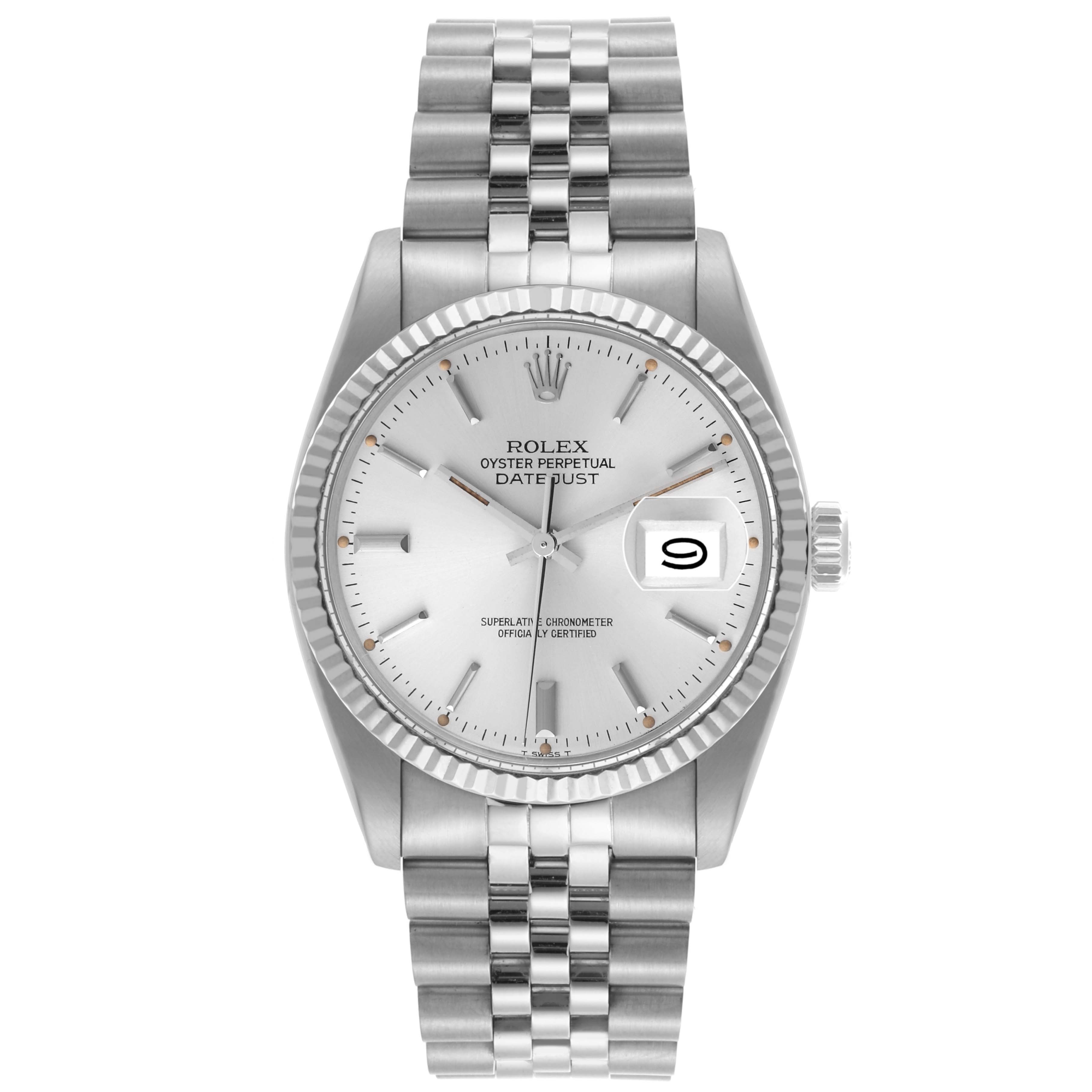 The Rolex Datejust 16014 Men's Stainless Steel Silver Dial 16014 Men's Stainless Steel Silver Dial is shown from the front, displaying the dial, fluted bezel, and part of the bracelet.