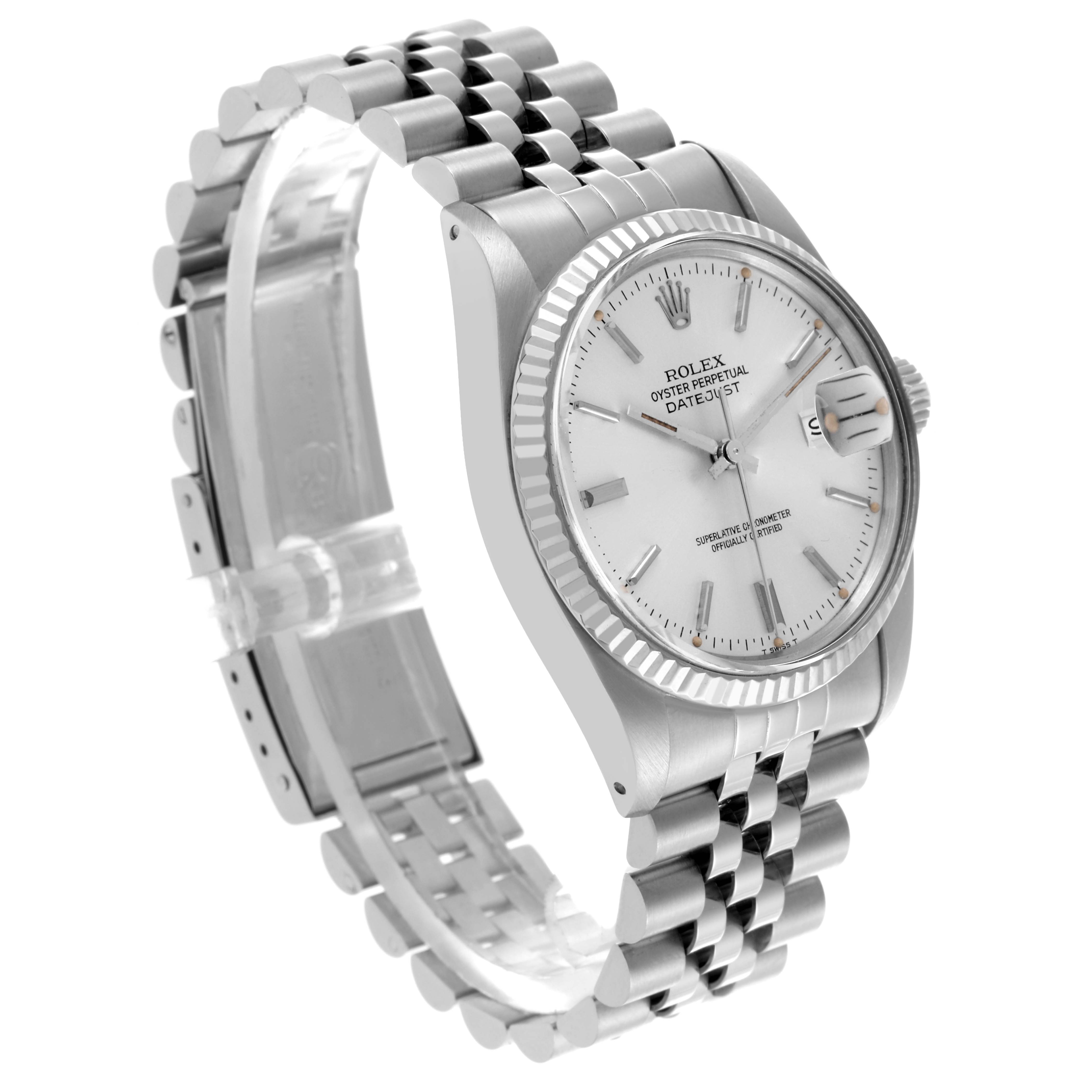 The Rolex Datejust 16014 Men's Stainless Steel Silver Dial 16014 Men's Stainless Steel Silver Dial watch is shown at a three-quarter angle, displaying the face, bezel, and bracelet.