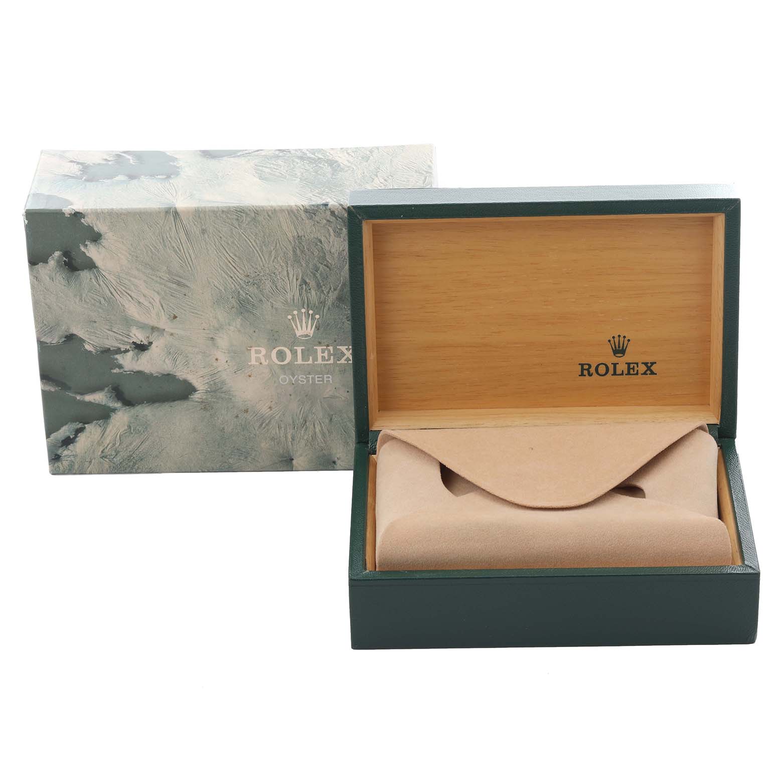 The image shows a Rolex Datejust 16014 Men's Stainless Steel Silver Dial 16014 Men's Stainless Steel Silver Dial box and packaging, viewed from the front with the lid open, revealing the inner cushion.