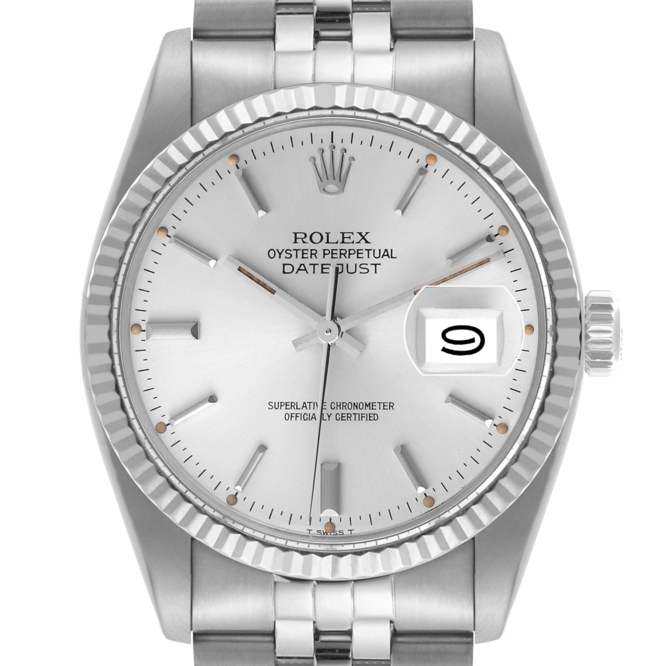 The Rolex Datejust 16014 Men's Stainless Steel Silver Dial 16014 Men's Stainless Steel Silver Dial watch is shown front-on, displaying the dial, fluted bezel, and part of the bracelet.