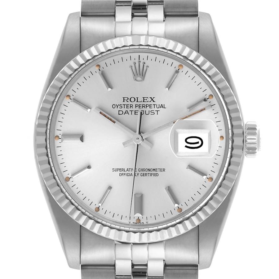 The Rolex Datejust watch is shown front-on, displaying the dial, fluted bezel, and part of the bracelet.