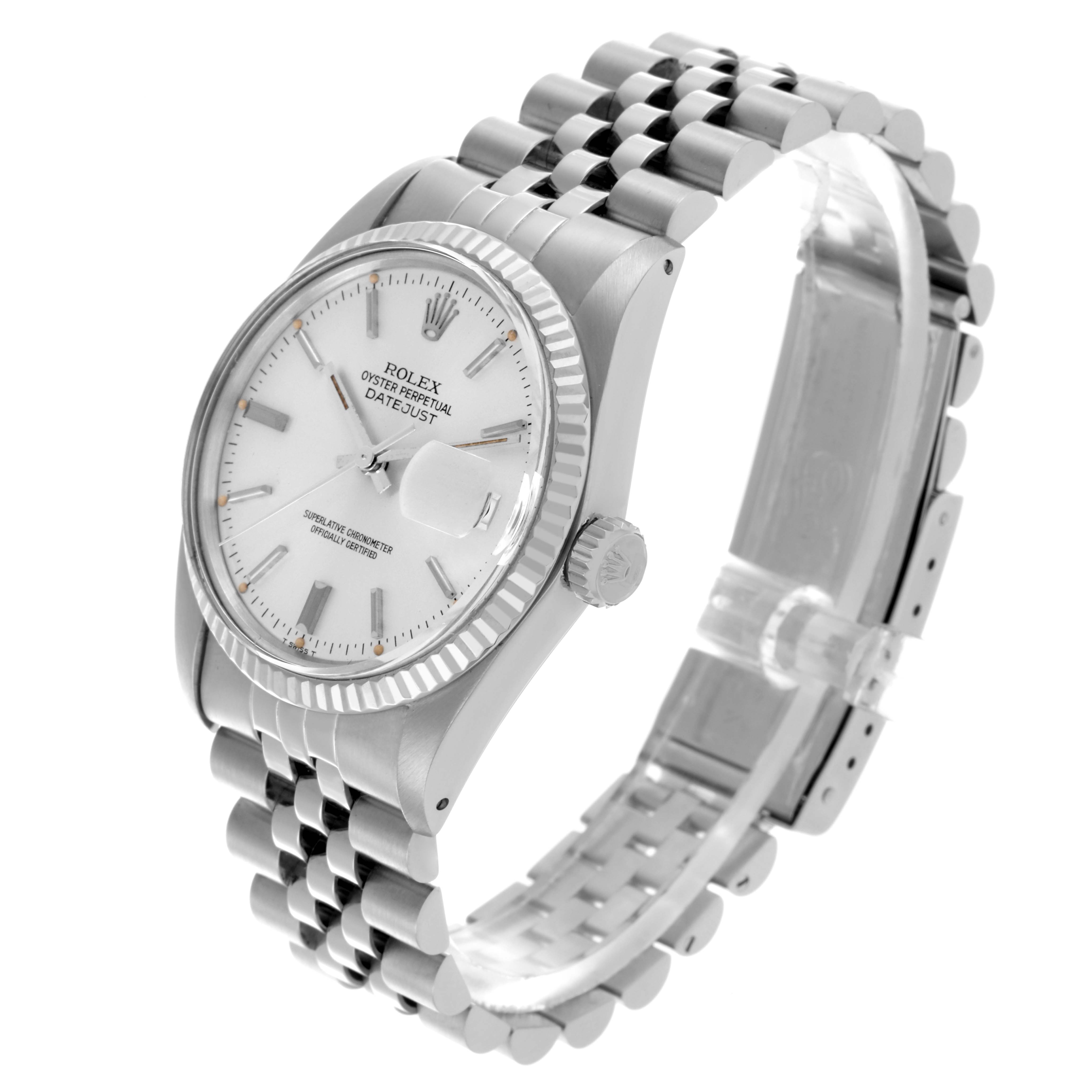 The Rolex Datejust 16014 Men's Stainless Steel Silver Dial 16014 Men's Stainless Steel Silver Dial watch is shown at a slight right angle, displaying the face, crown, bezel, and part of the bracelet.