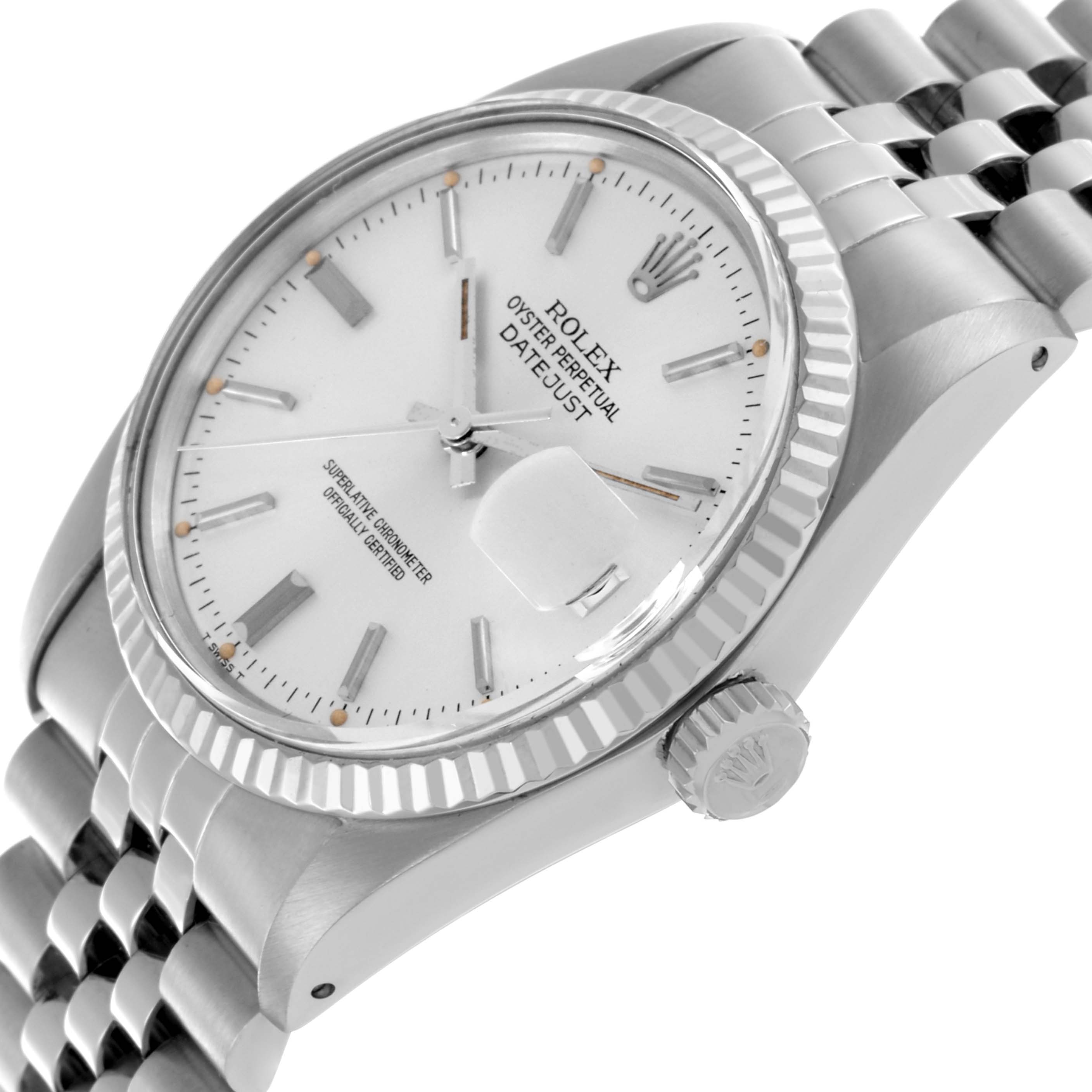 The Rolex Datejust 16014 Men's Stainless Steel Silver Dial 16014 Men's Stainless Steel Silver Dial is shown from an angled side view, highlighting the face, bezel, crown, and bracelet.
