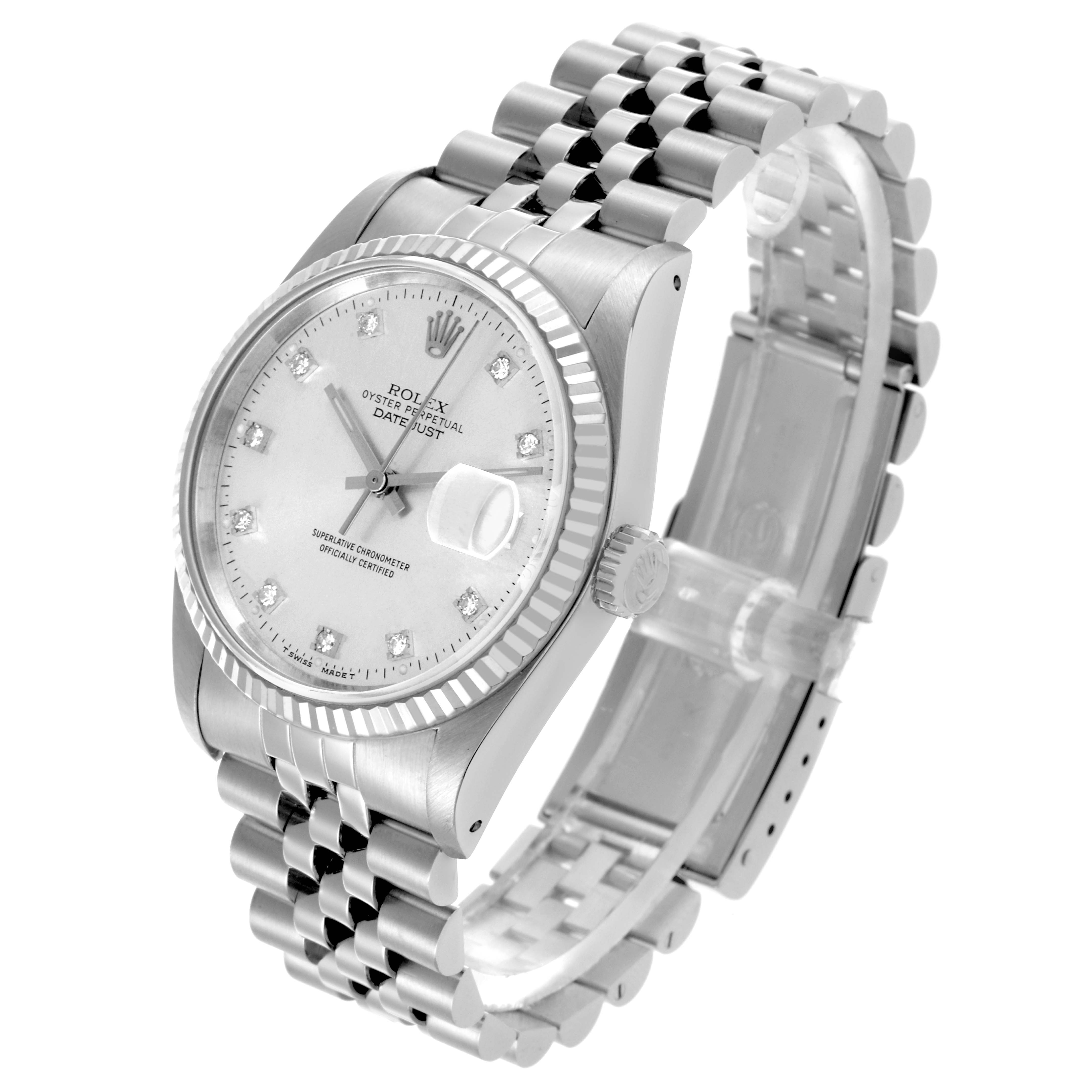 The Rolex Datejust 16234 Men's Stainless Steel Silver Dial 16234 Men's Stainless Steel Silver Dial watch is shown at a slight angle, highlighting the dial, bezel, and Jubilee bracelet.
