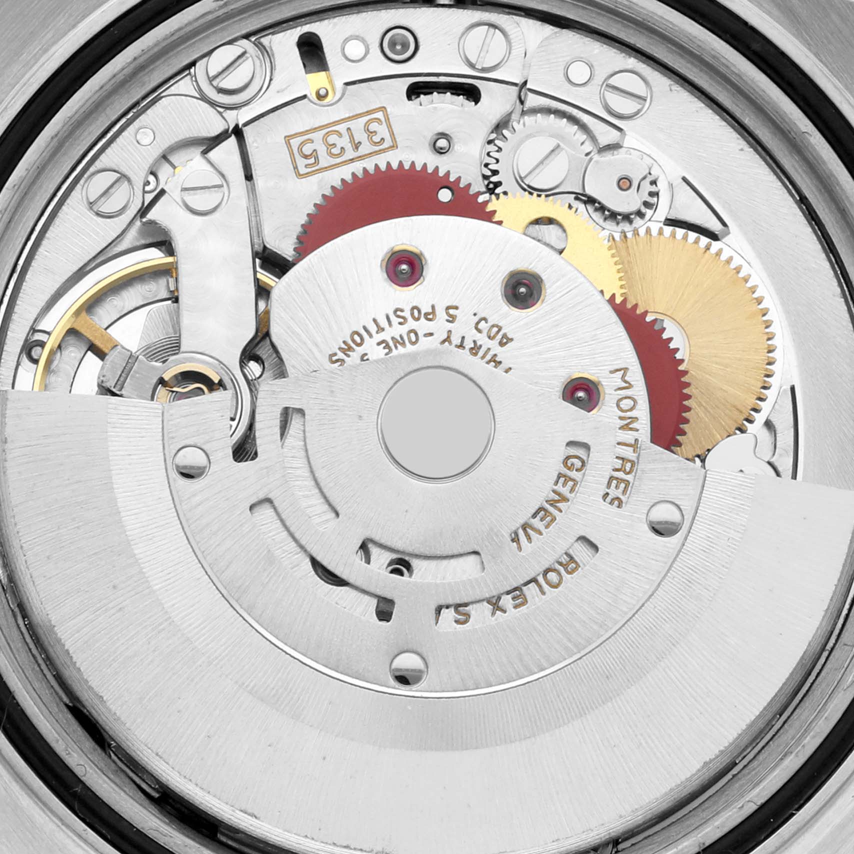 The image shows the movement mechanism of a Rolex Datejust 16234 Men's Stainless Steel Silver Dial 16234 Men's Stainless Steel Silver Dial, highlighting gears and components from a top-down angle.