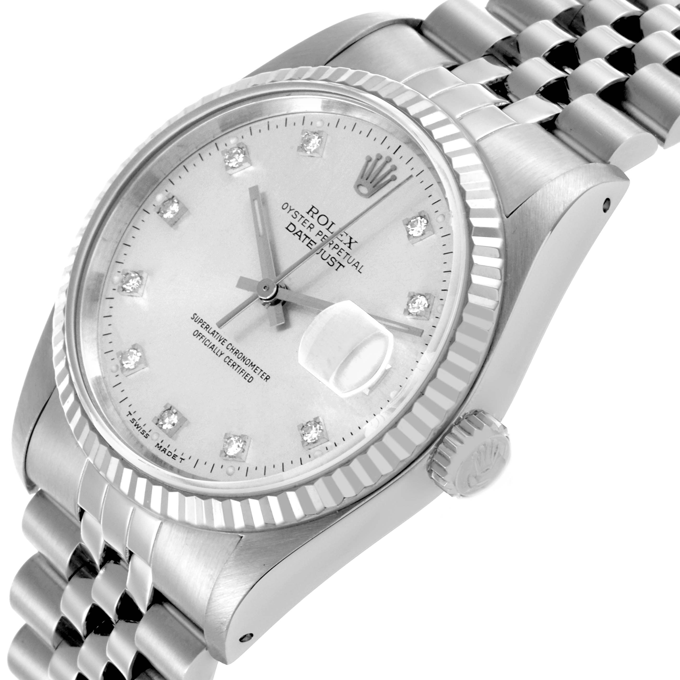 The Rolex Datejust 16234 Men's Stainless Steel Silver Dial 16234 Men's Stainless Steel Silver Dial watch is shown at an angle highlighting the dial, bezel, crown, and jubilee bracelet.