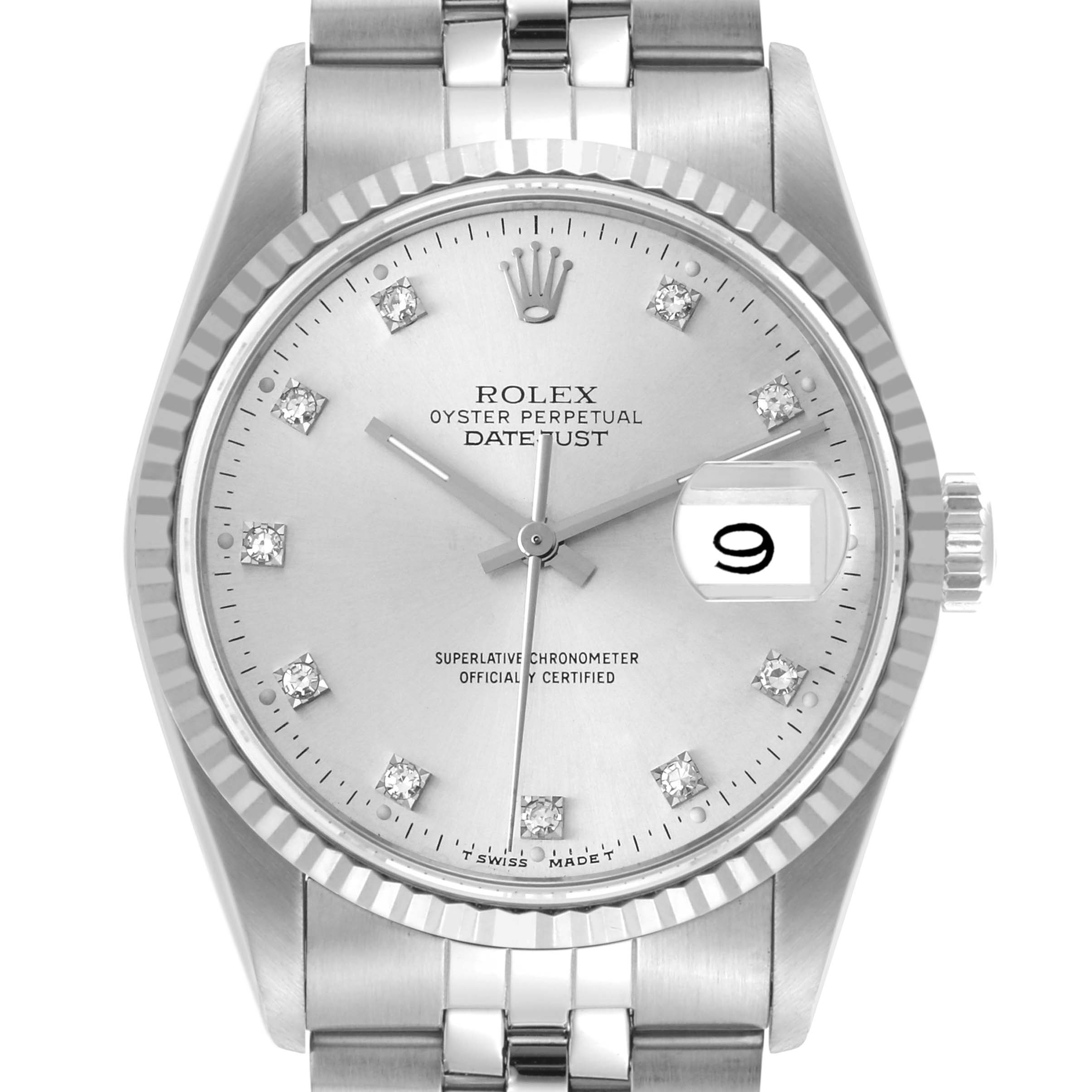 The Rolex Datejust 16234 Men's Stainless Steel Silver Dial 16234 Men's Stainless Steel Silver Dial watch is shown from a front angle, displaying the face, bezel, crown, and part of the bracelet.