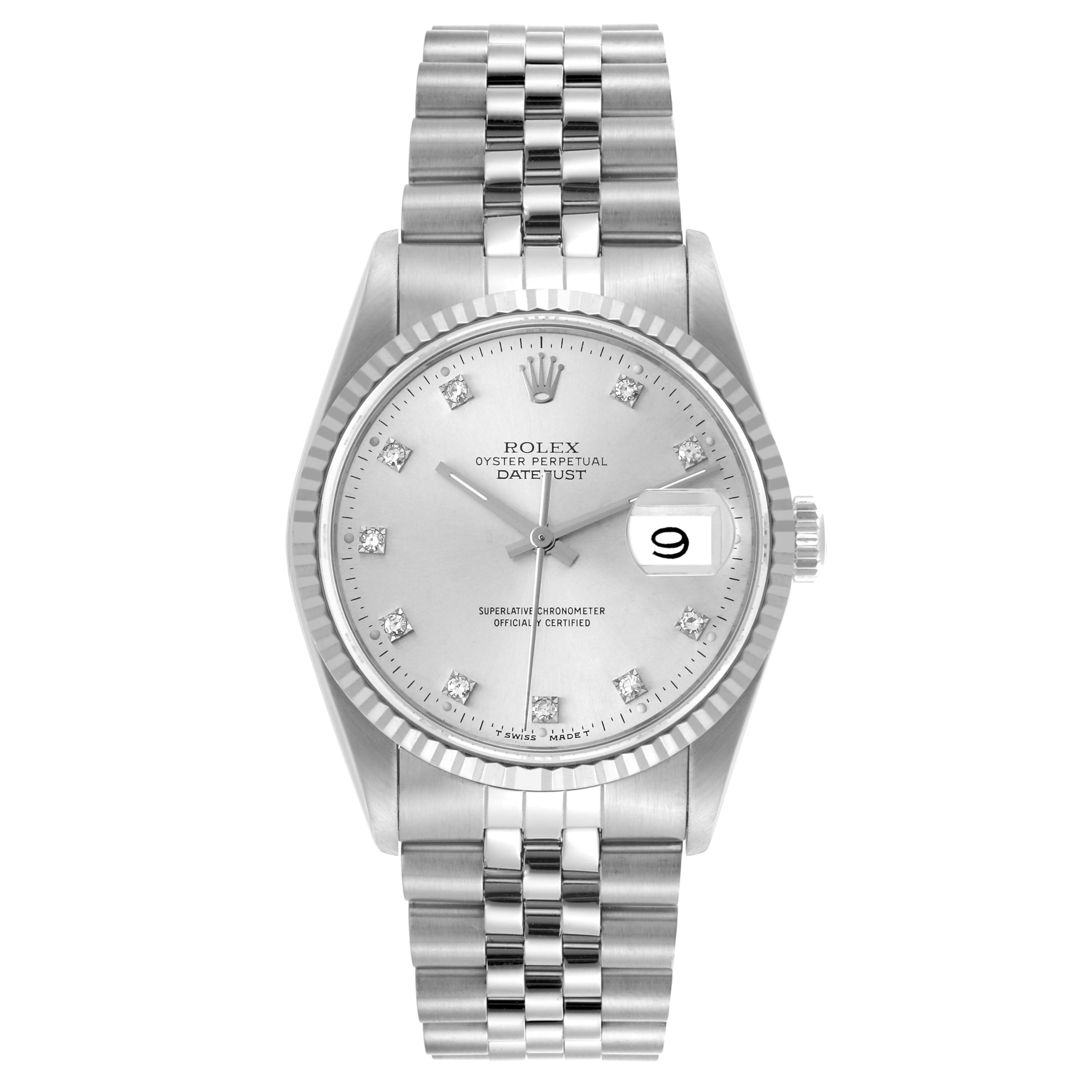 The Rolex Datejust 16234 Men's Stainless Steel Silver Dial 16234 Men's Stainless Steel Silver Dial watch is shown from a front angle, highlighting the dial, bezel, and Jubilee bracelet.