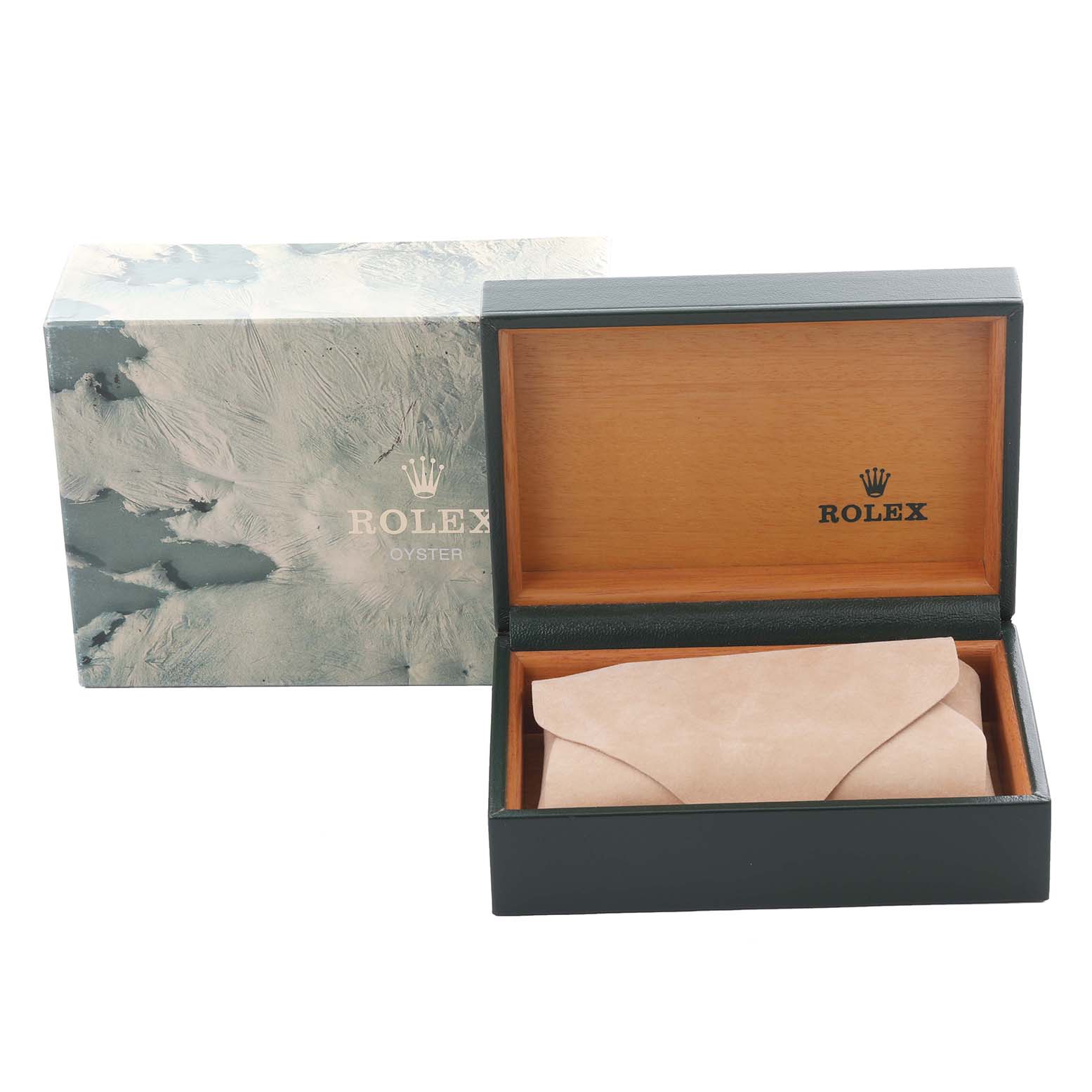 The image shows a Rolex Datejust 16234 Men's Stainless Steel Silver Dial 16234 Men's Stainless Steel Silver Dial box and sleeve from a side angle, with the box open to reveal a suede pouch inside.