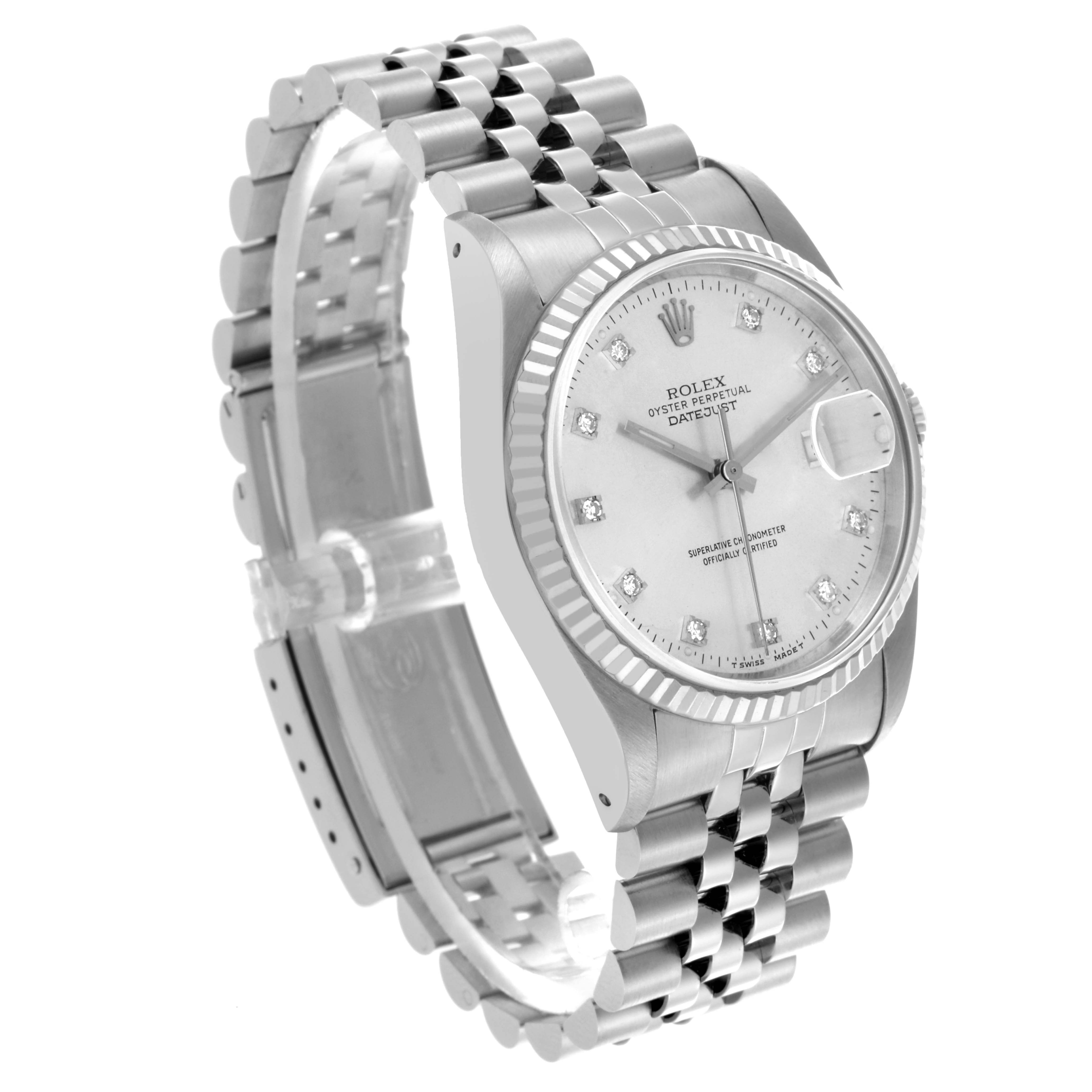 The Rolex Datejust 16234 Men's Stainless Steel Silver Dial 16234 Men's Stainless Steel Silver Dial is shown at a three-quarter angle, highlighting the face, bezel, and Jubilee bracelet.