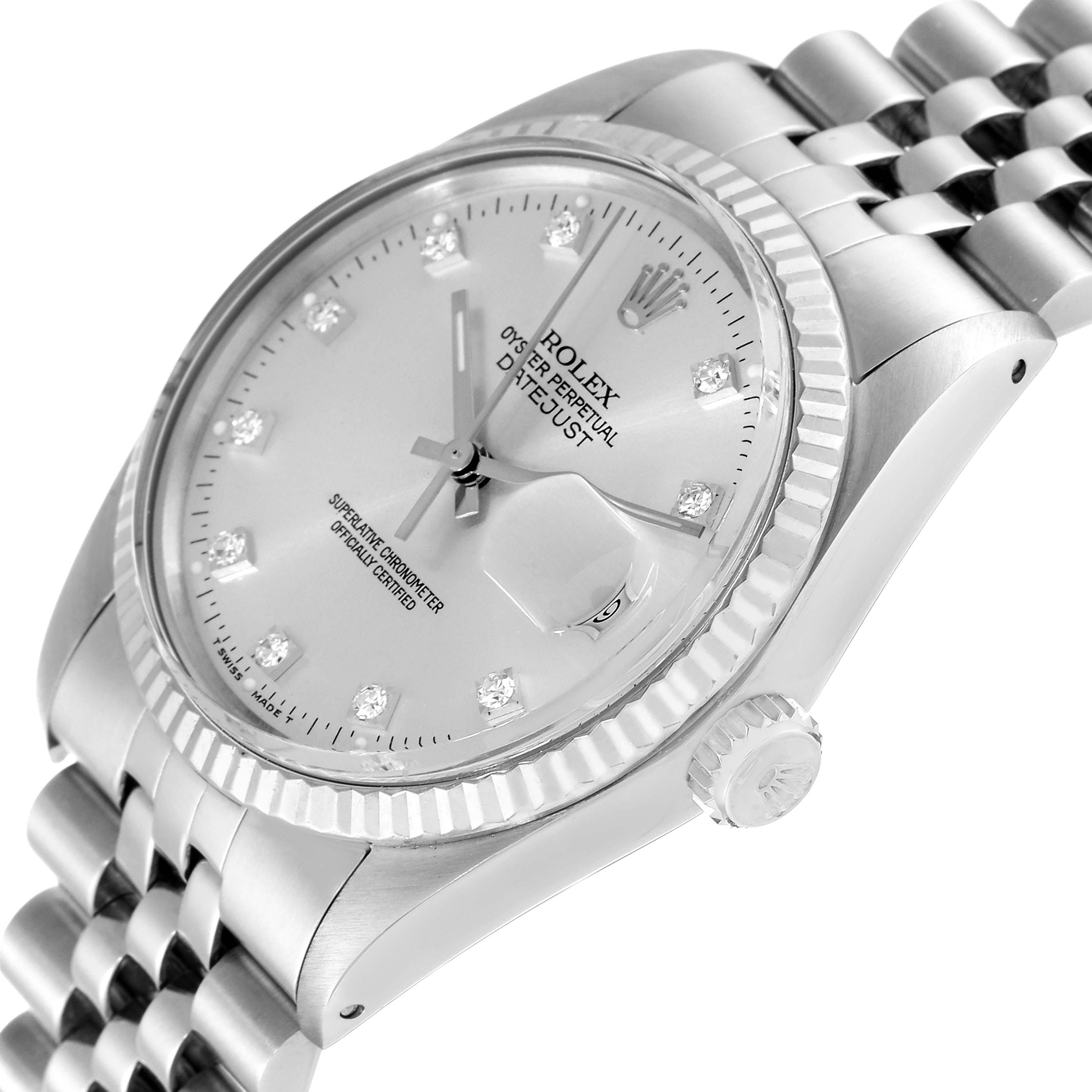 The image shows a close-up angle of a Rolex Vintage Collection 16014 Men
s Stainless Steel Silver Dial 16014 Men
s Stainless Steel Silver Dial model watch, highlighting its dial, bezel, crown, and bracelet.