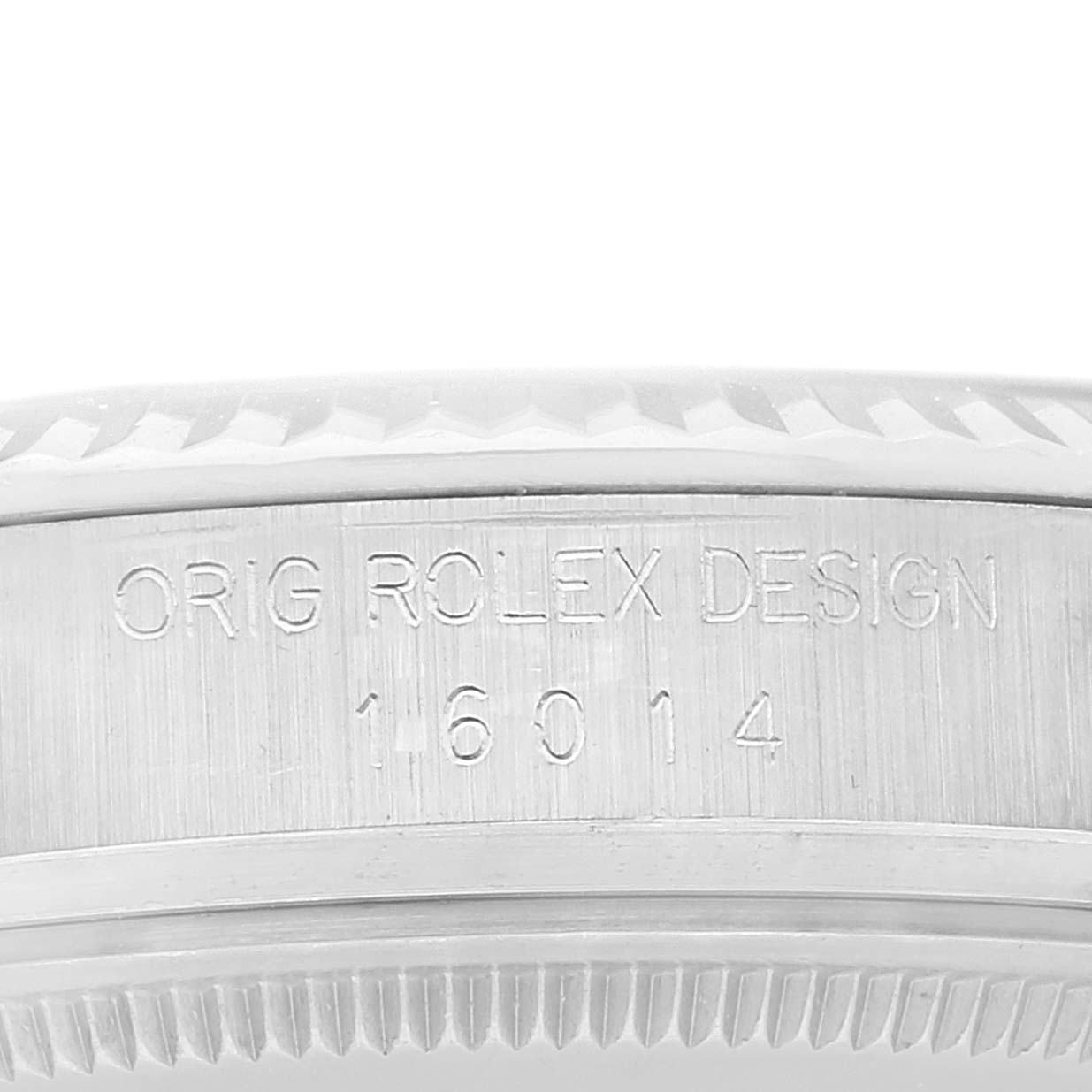 This image shows a close-up of the case side of a Rolex Vintage Collection 16014 Men
s Stainless Steel Silver Dial 16014 Men
s Stainless Steel Silver Dial model, displaying the model number "16014."