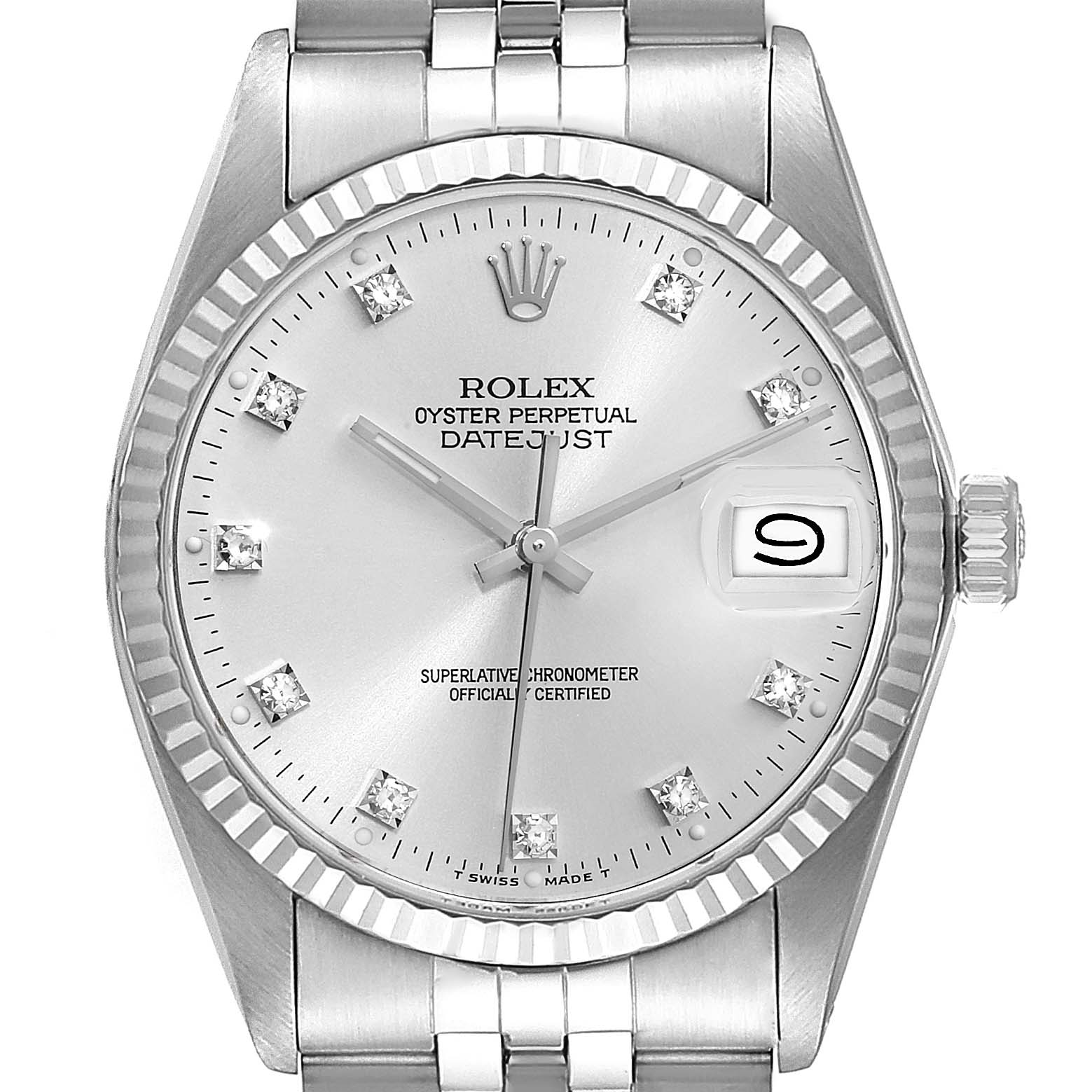 This image shows the face and bracelet of the Vintage Collection Rolex Oyster Perpetual Datejust watch from a frontal angle.