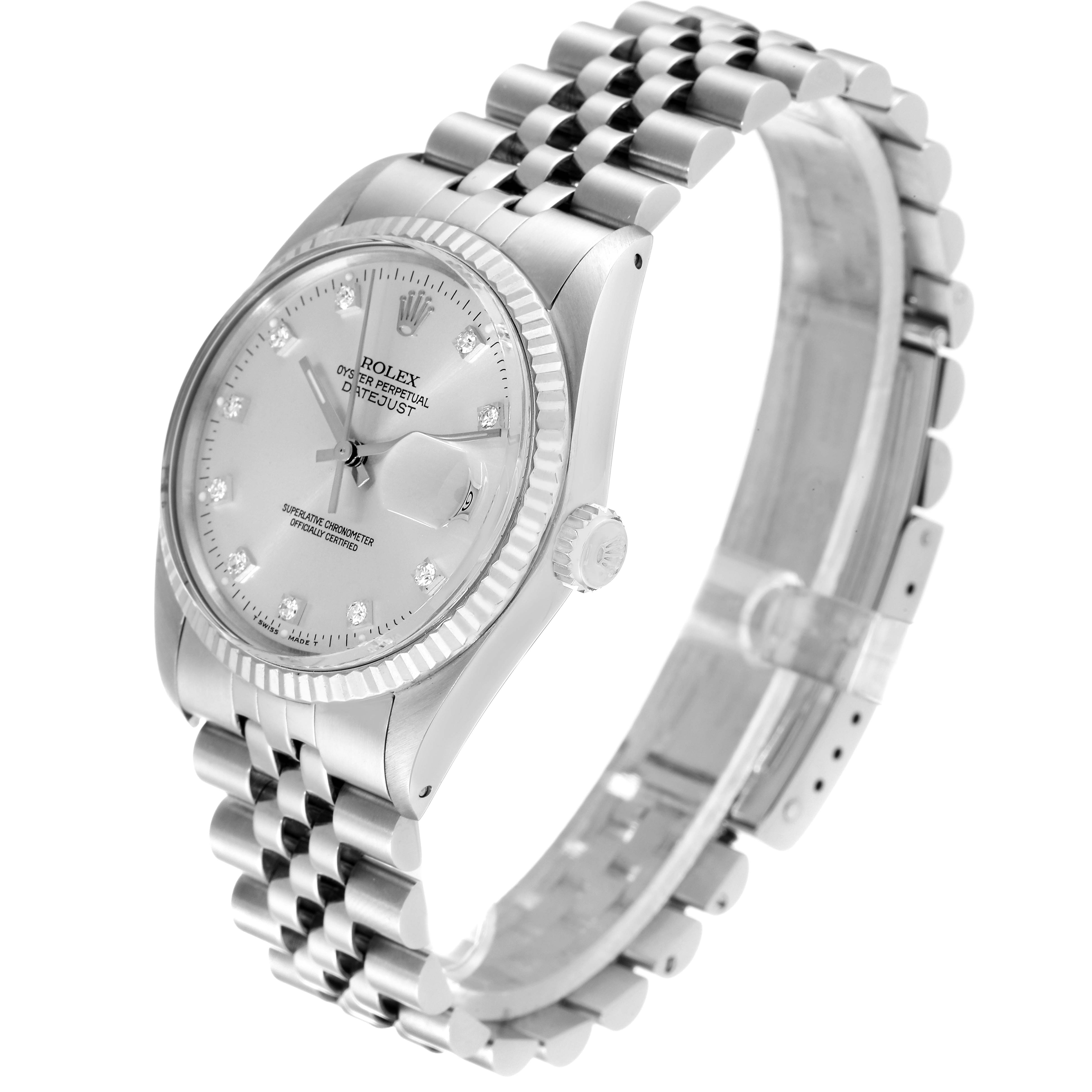 The Rolex Vintage Collection 16014 Men
s Stainless Steel Silver Dial 16014 Men
s Stainless Steel Silver Dial watch is shown at a side angle, displaying the bracelet, crown, case, and dial.