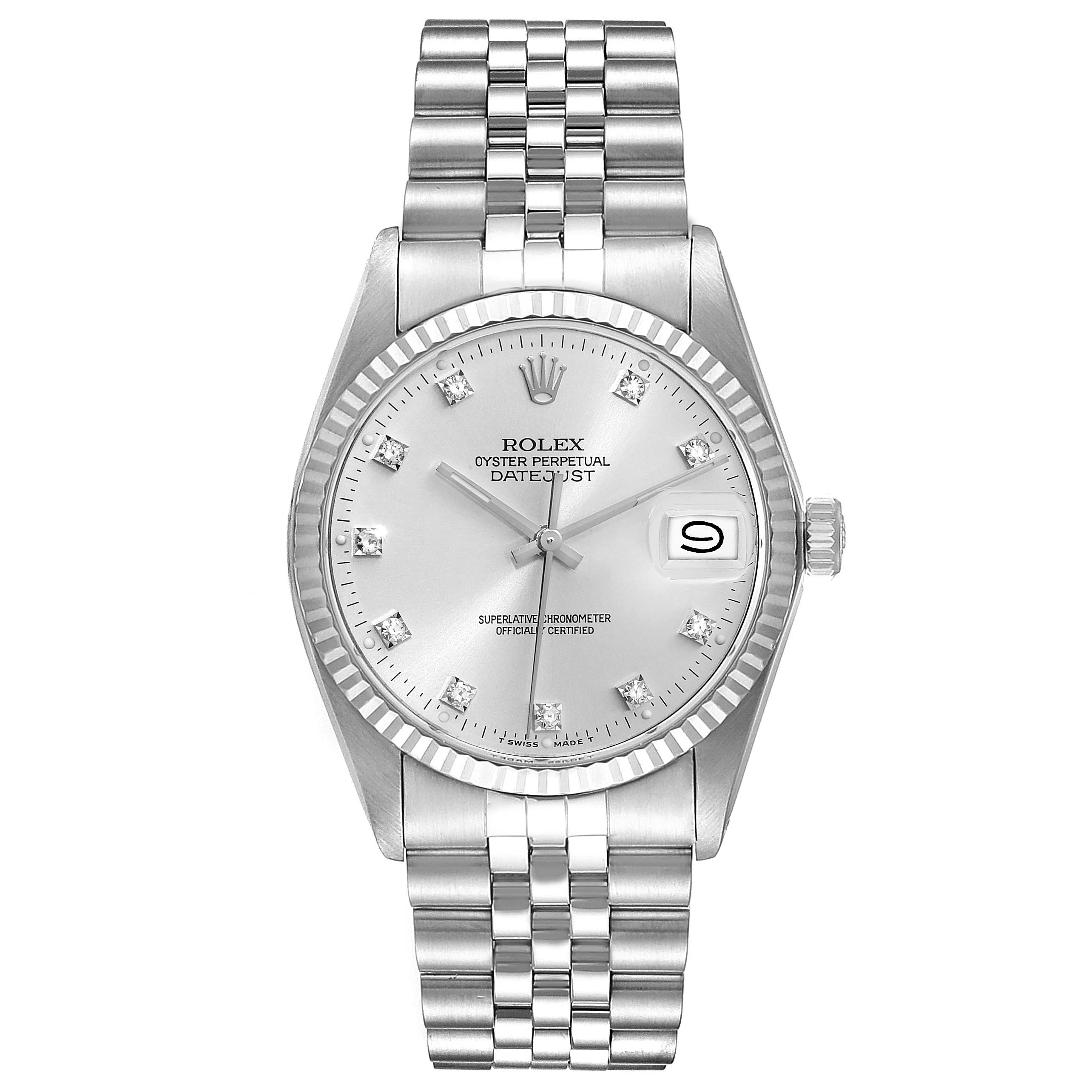 The image shows a front view of the Rolex Vintage Collection 16014 Men
s Stainless Steel Silver Dial 16014 Men
s Stainless Steel Silver Dial Datejust with a silver dial, fluted bezel, and Jubilee bracelet.