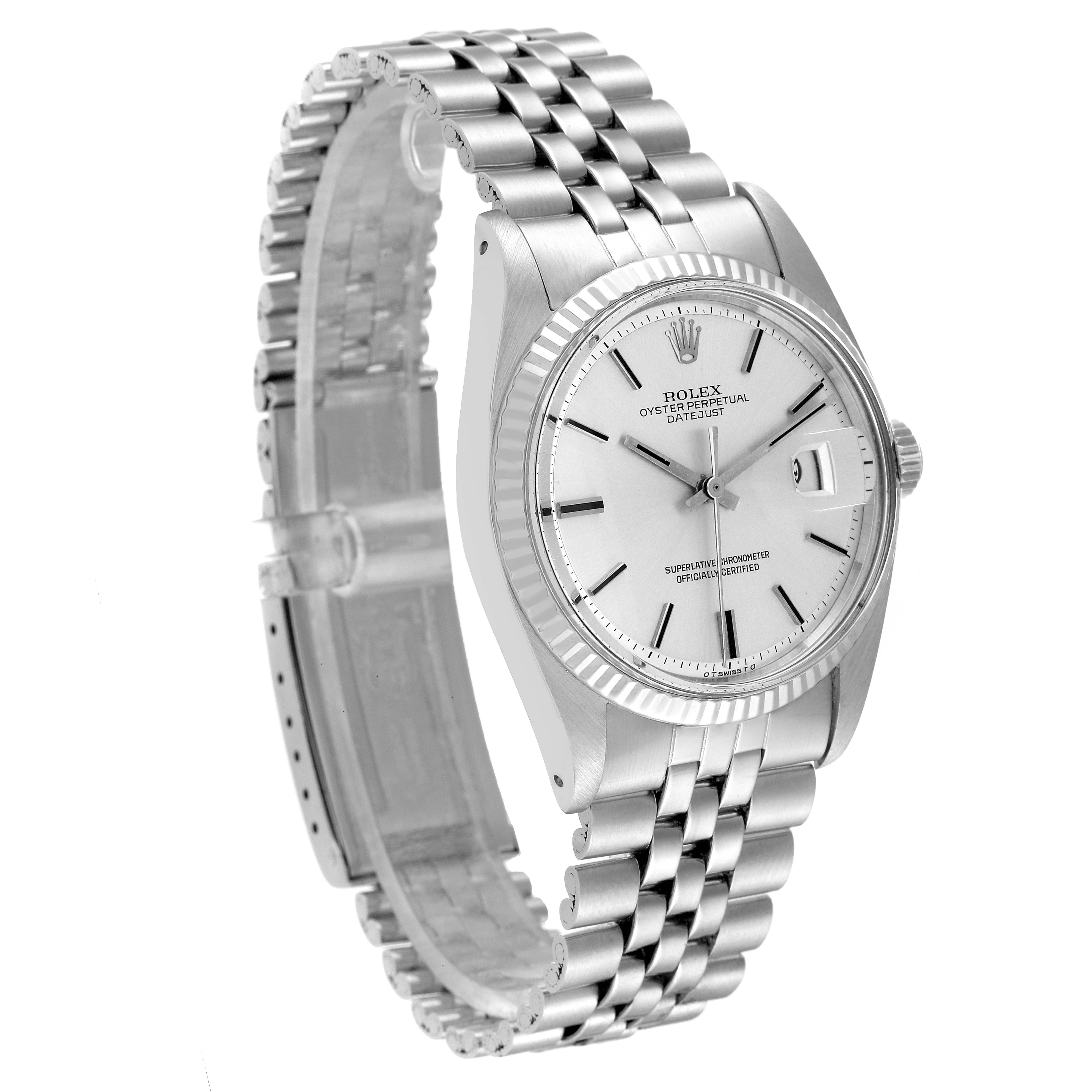 This image shows a Rolex Vintage Collection 1601 Men
s Stainless Steel Silver Dial 1601 Men
s Stainless Steel Silver Dial model watch angled to display the face, bezel, and bracelet.