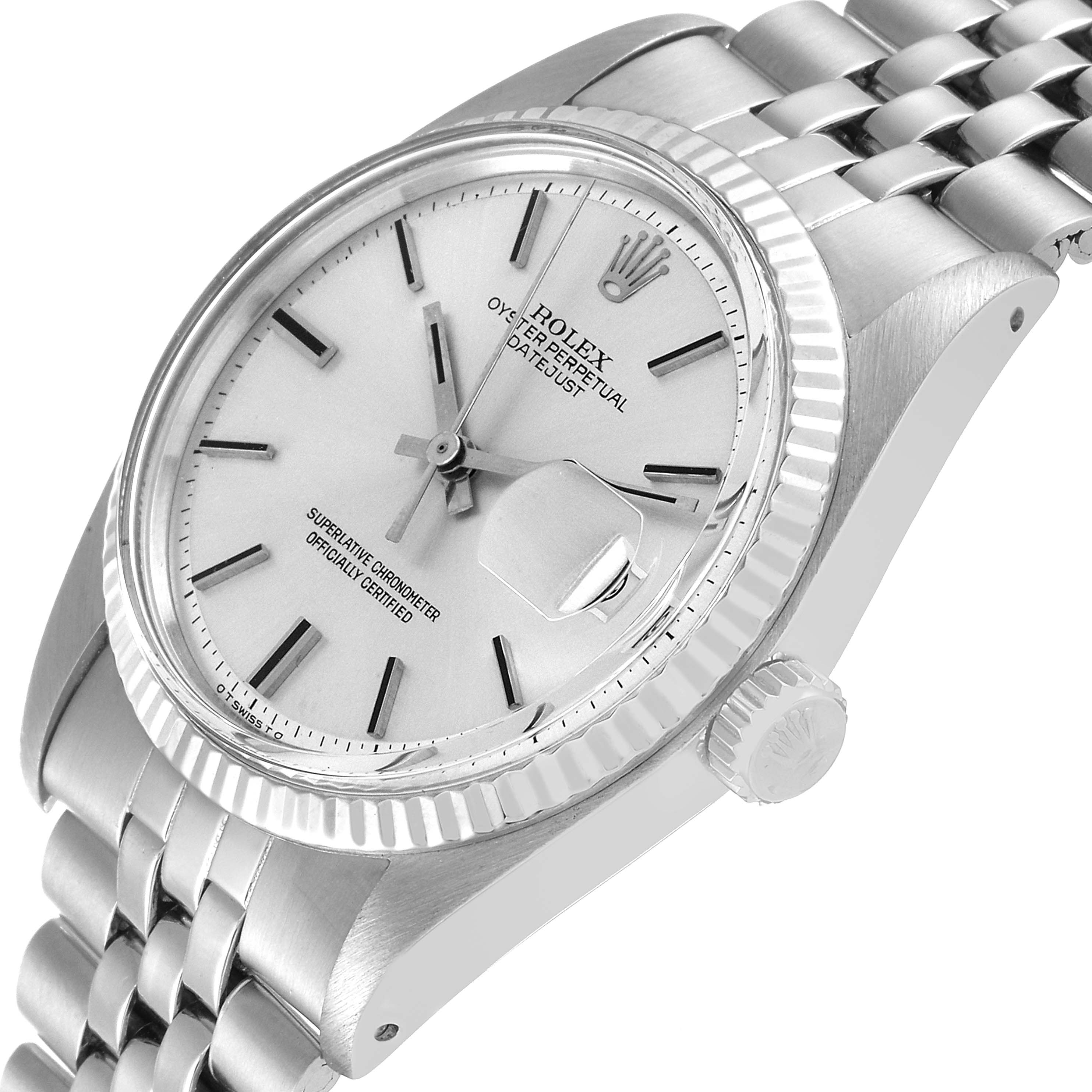 The image shows a Rolex Vintage Collection 1601 Men
s Stainless Steel Silver Dial 1601 Men
s Stainless Steel Silver Dial watch at a slight side angle, highlighting the dial, bezel, bracelet, and crown.