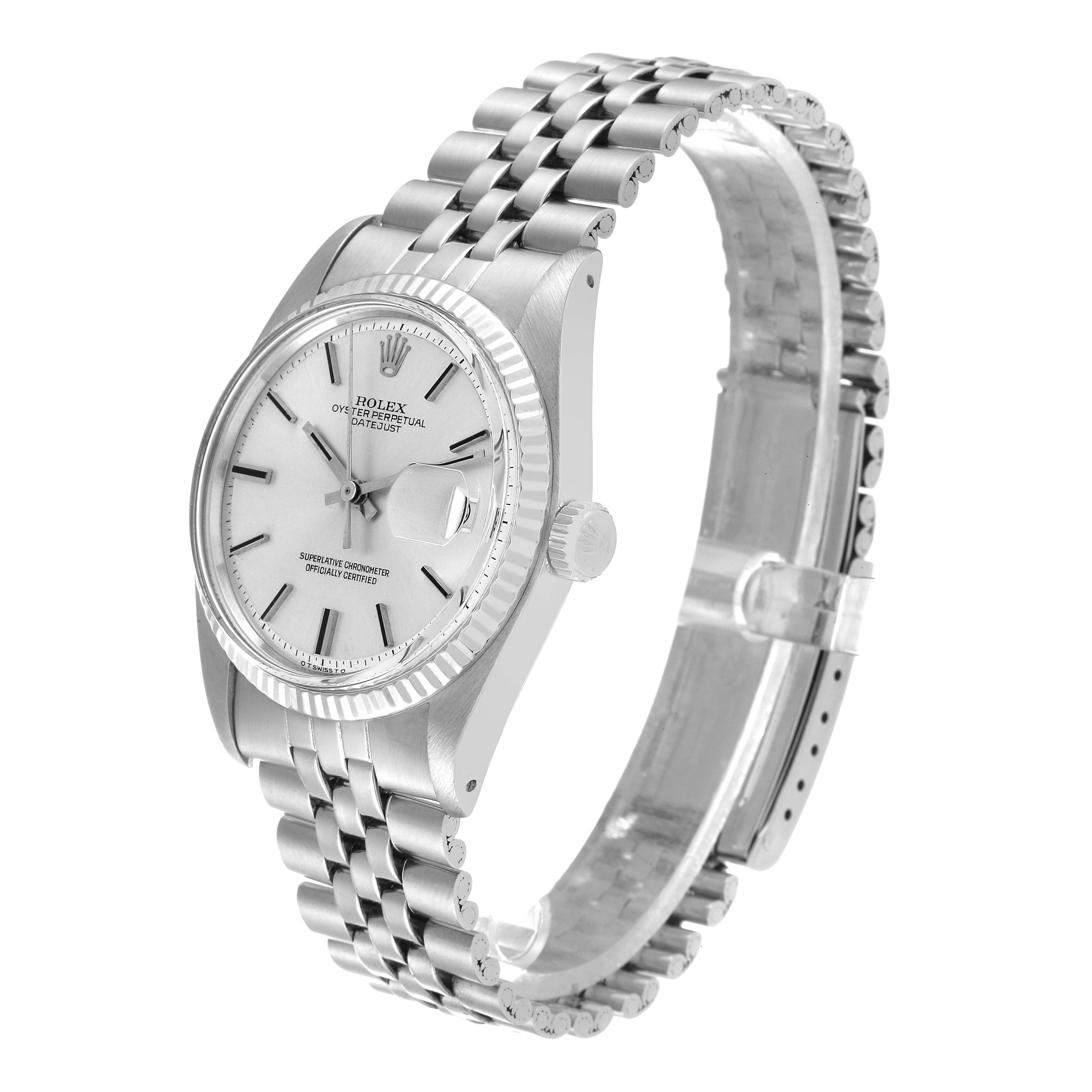 The image is angled to show the full face, case, crown, and bracelet of the Rolex Vintage Collection 1601 Men
s Stainless Steel Silver Dial 1601 Men
s Stainless Steel Silver Dial watch.