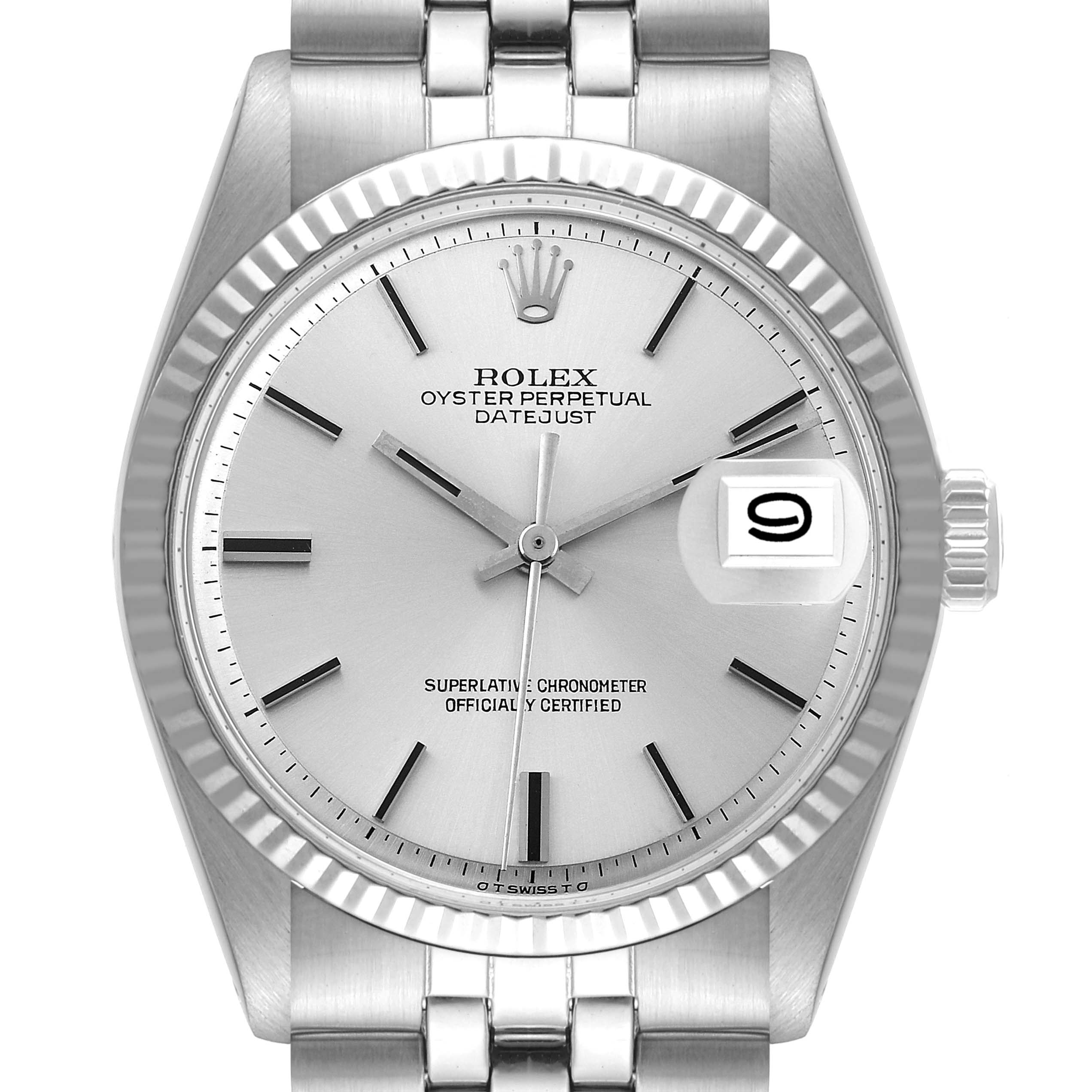 This image shows the Rolex Vintage Collection 1601 Men
s Stainless Steel Silver Dial 1601 Men
s Stainless Steel Silver Dial Datejust watch from a frontal angle, featuring its silver dial and fluted bezel.