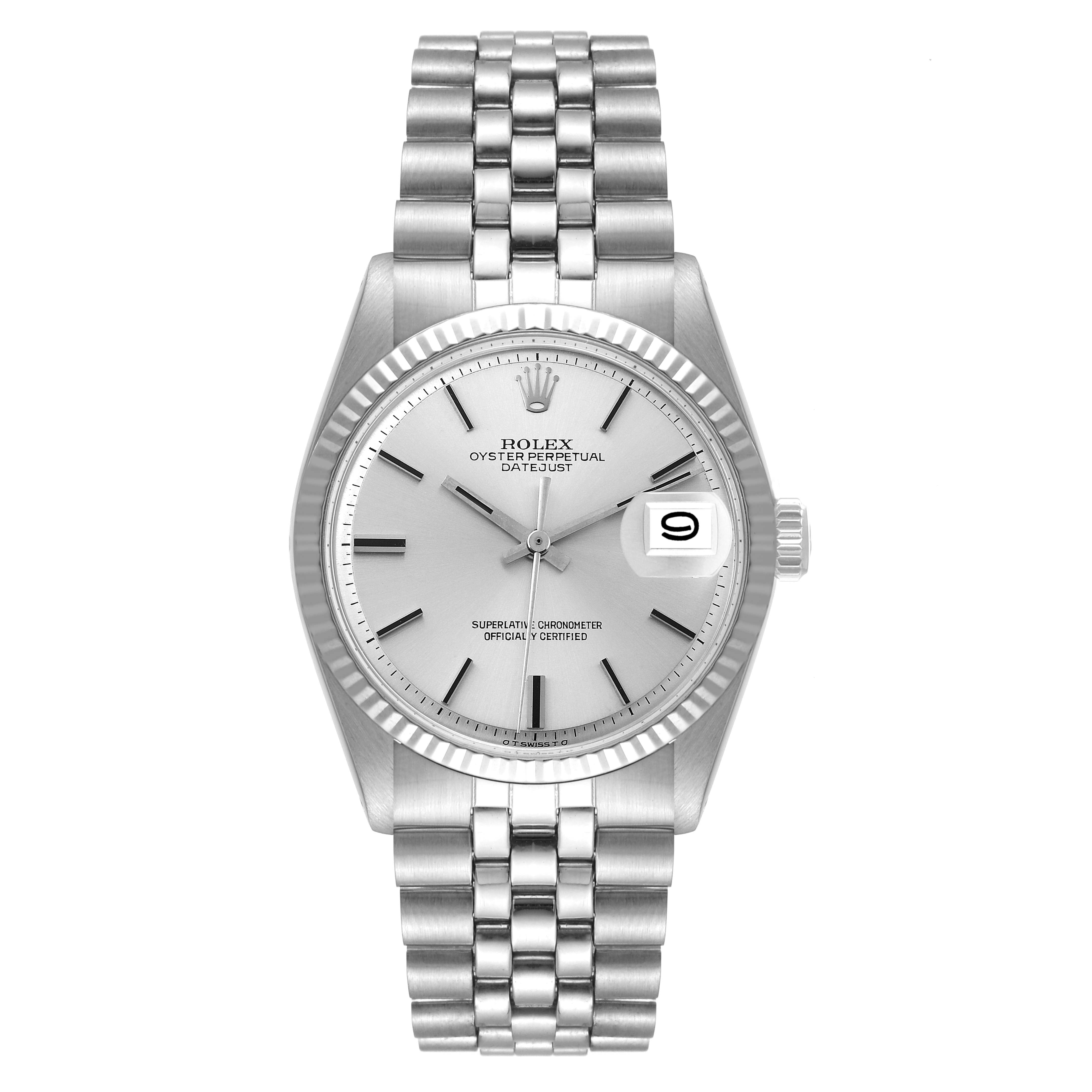 The image shows a front view of a Rolex Vintage Collection 1601 Men
s Stainless Steel Silver Dial 1601 Men
s Stainless Steel Silver Dial watch, displaying the dial, case, bezel, bracelet, and crown.