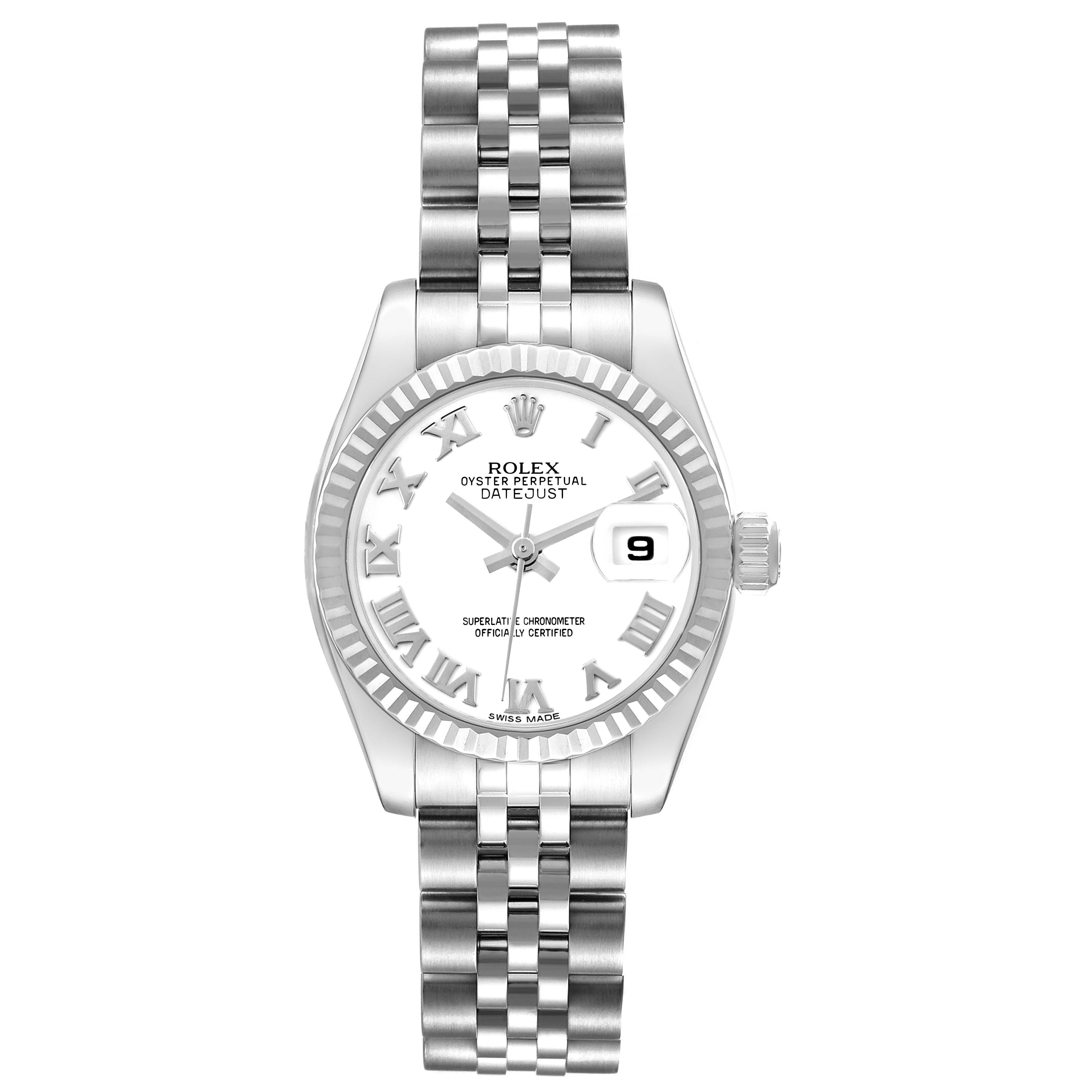 The Rolex Datejust 179174 Women's Stainless Steel White Dial watch is shown from the front, displaying its dial, fluted bezel, and Jubilee bracelet.
