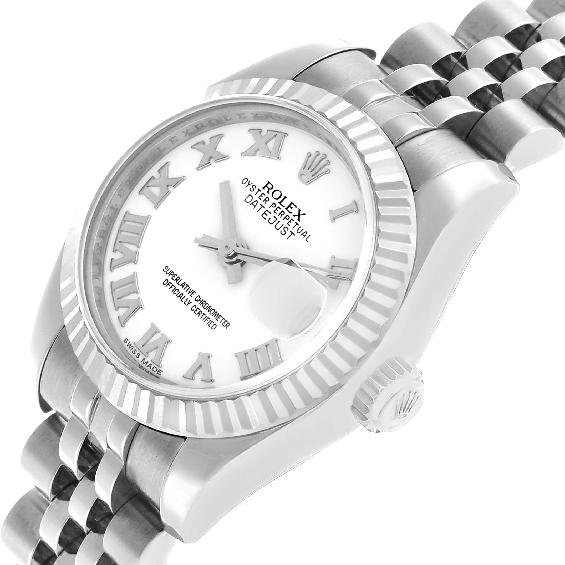 The Rolex Datejust 179174 Women's Stainless Steel White Dial watch is shown from a side angle, highlighting the bezel, crown, bracelet, and dial with Roman numerals.
