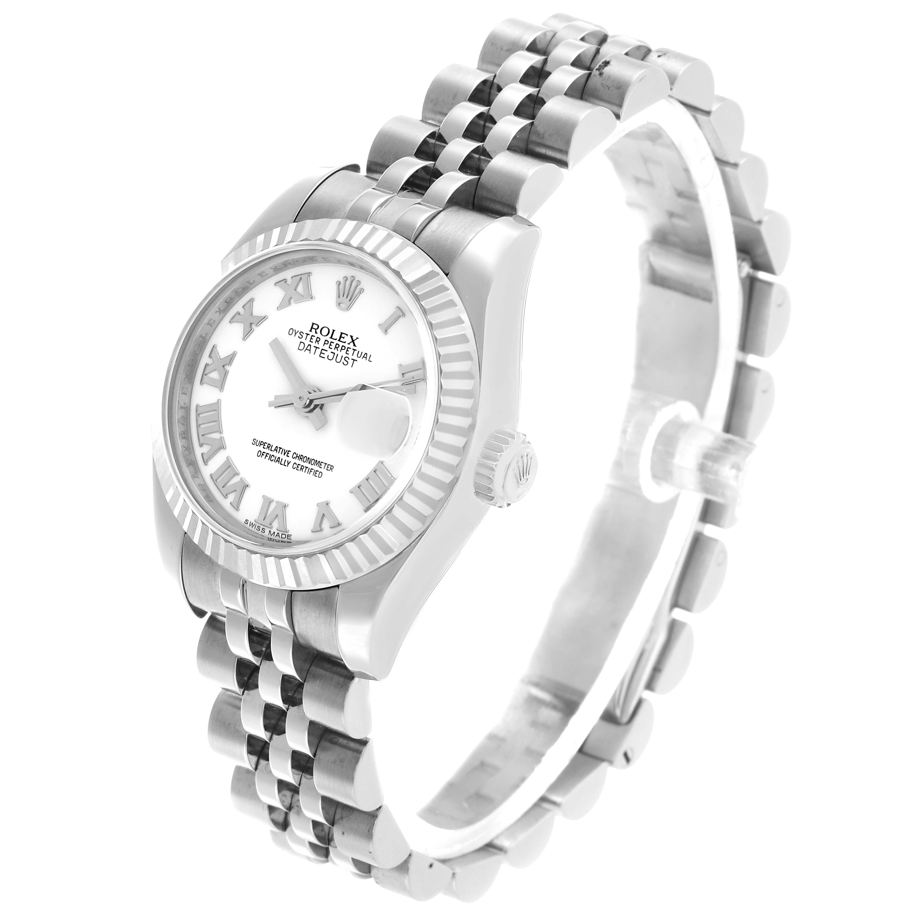 The Rolex Datejust 179174 Women's Stainless Steel White Dial watch is shown at an angled view, highlighting the dial, fluted bezel, and Jubilee bracelet.