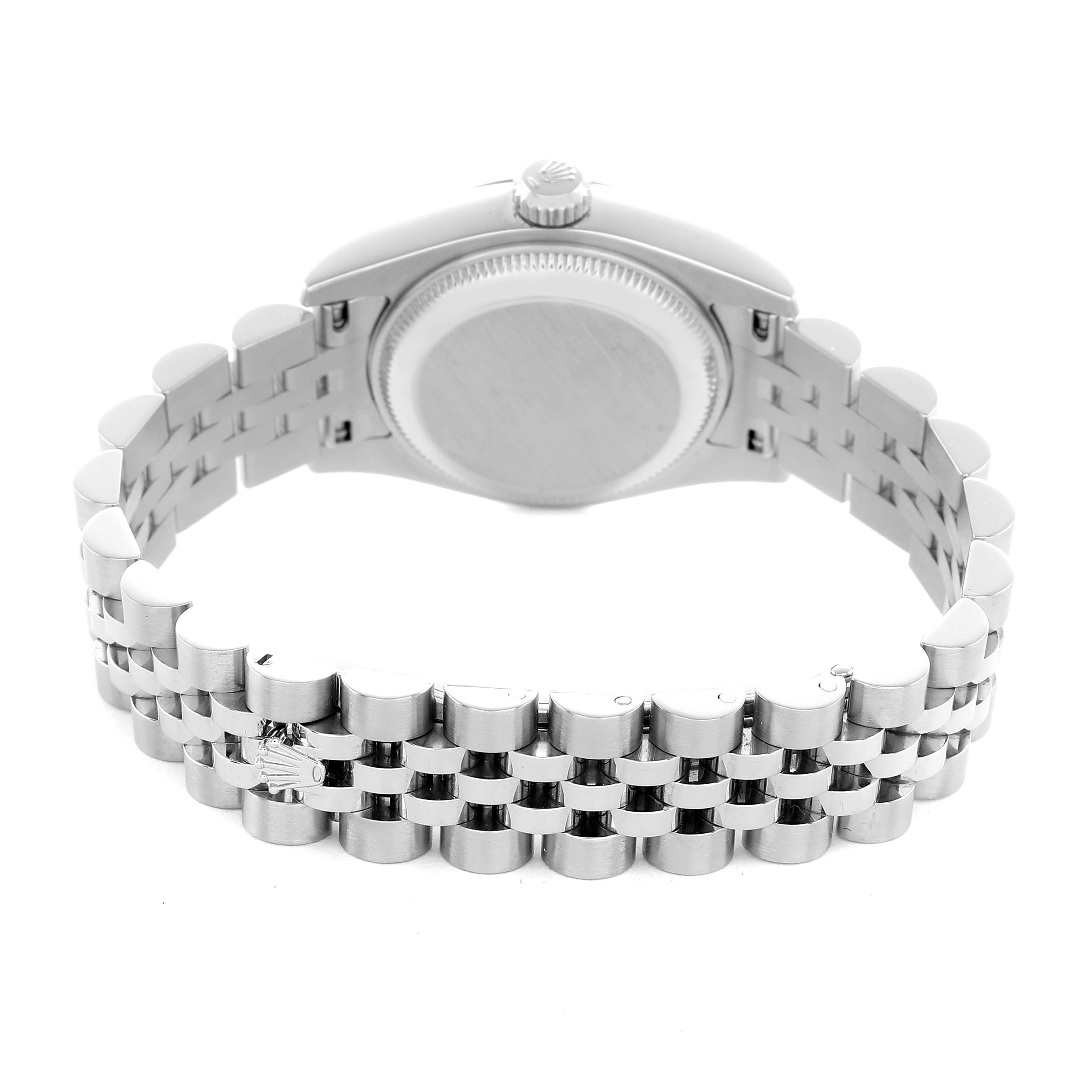 The image shows the back view of a Rolex Datejust 179174 Women's Stainless Steel White Dial watch, featuring the case back and bracelet clasp.