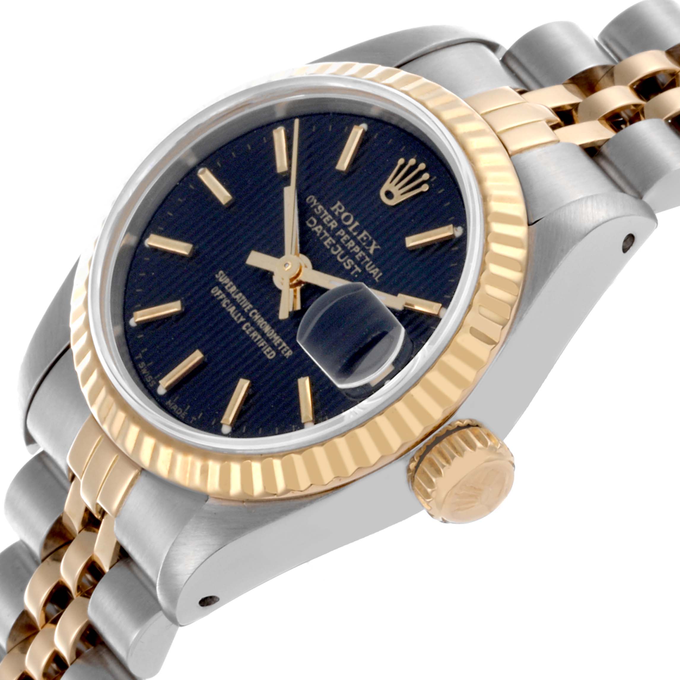The Rolex Datejust 69173 Women's Steel and Gold (two tone) Black Dial 69173 Women's Steel and Gold (two tone) Black Dial watch is shown from a side angle, highlighting the bezel, dial, crown, and part of the bracelet.
