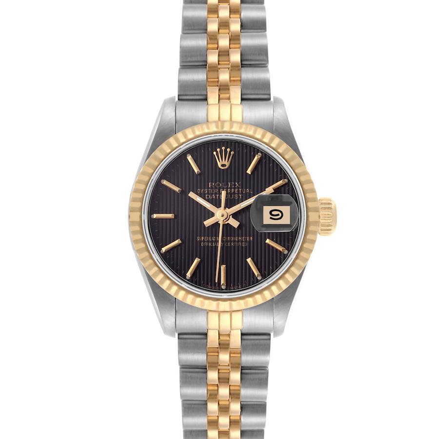 The Rolex Datejust watch is shown from the front, highlighting the dial, bezel, and two-tone bracelet.