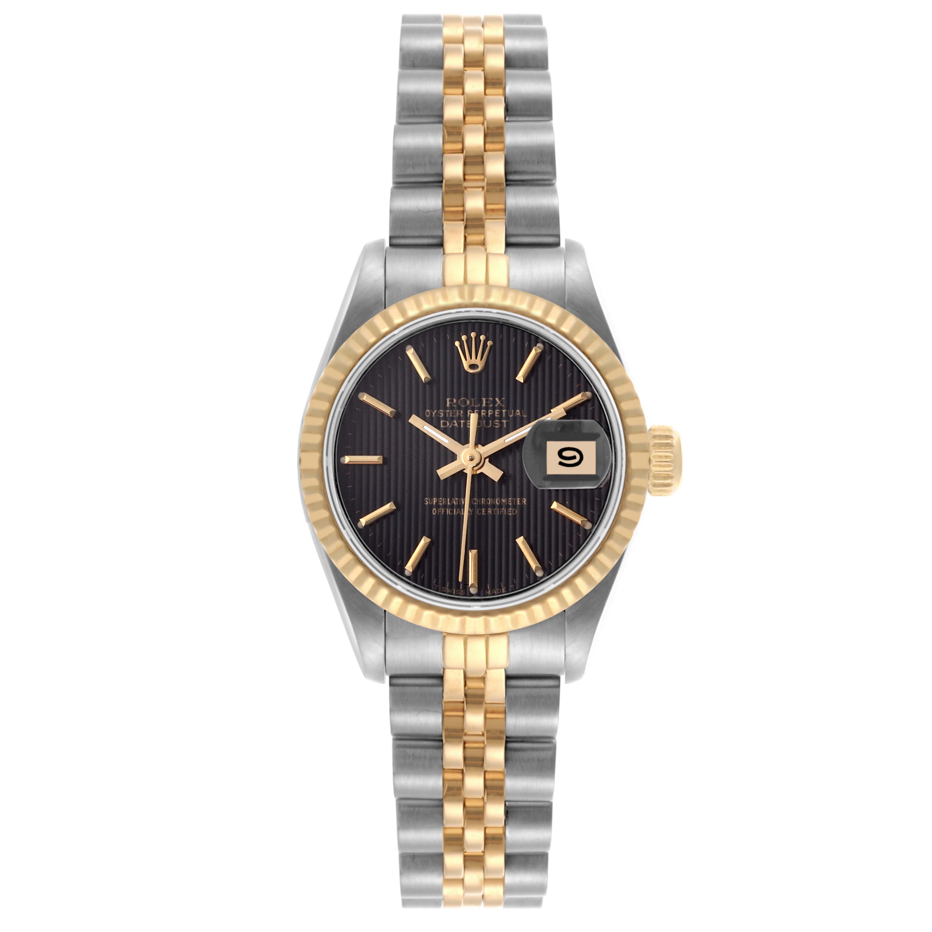 The Rolex Datejust 69173 Women's Steel and Gold (two tone) Black Dial 69173 Women's Steel and Gold (two tone) Black Dial watch is shown from the front, featuring the dial, bezel, and two-tone bracelet.