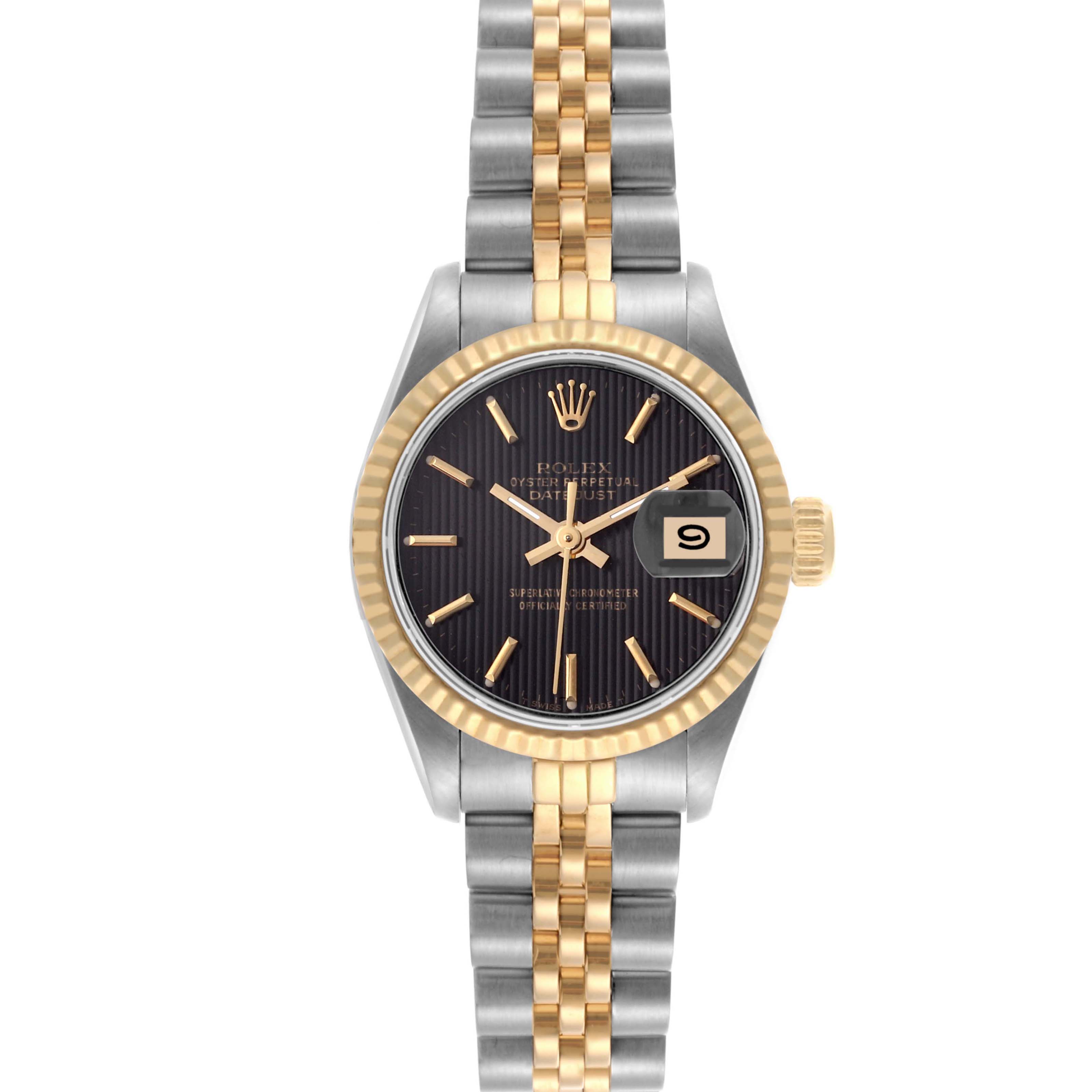 The Rolex Datejust 69173 Women's Steel and Gold (two tone) Black Dial 69173 Women's Steel and Gold (two tone) Black Dial watch is shown from a front angle, displaying the dial, bezel, crown, and two-tone bracelet.